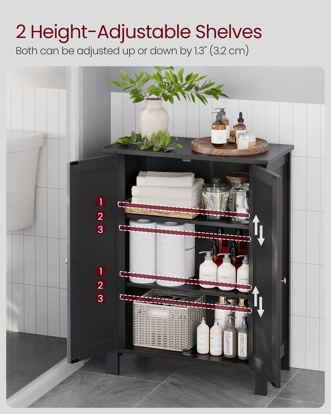 Bathroom Cabinet - Wood - Ink Black - Freestanding with Adjustable Shelves