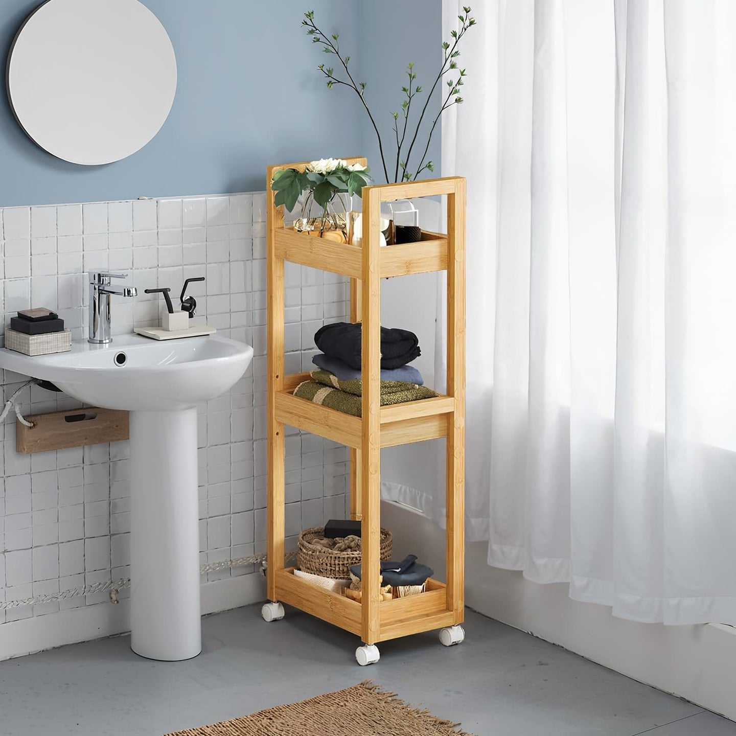 Bathroom Trolley - Bamboo - Natural - Space-Saving 3-Tier Design on Wheels