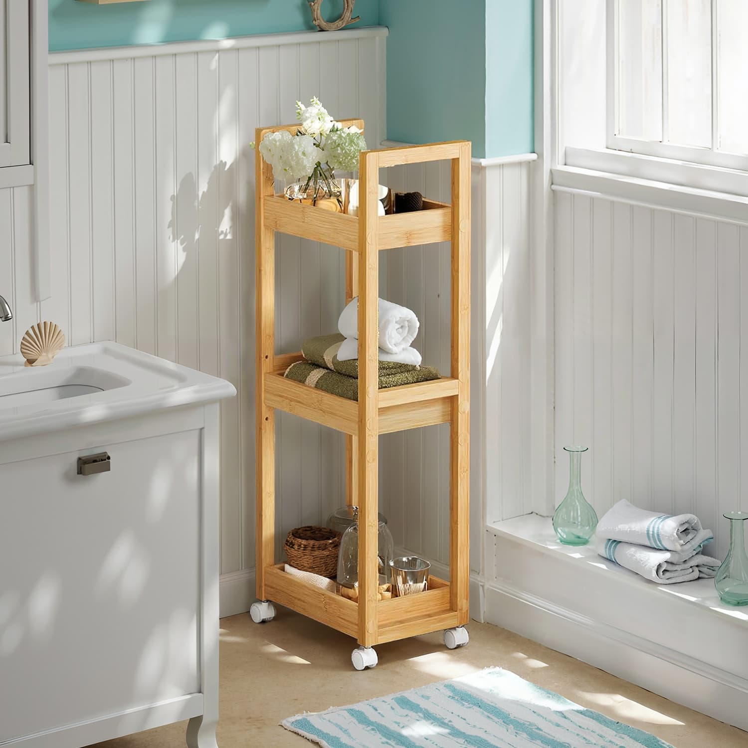 Bathroom Trolley - Bamboo - Natural - Space-Saving 3-Tier Design on Wheels