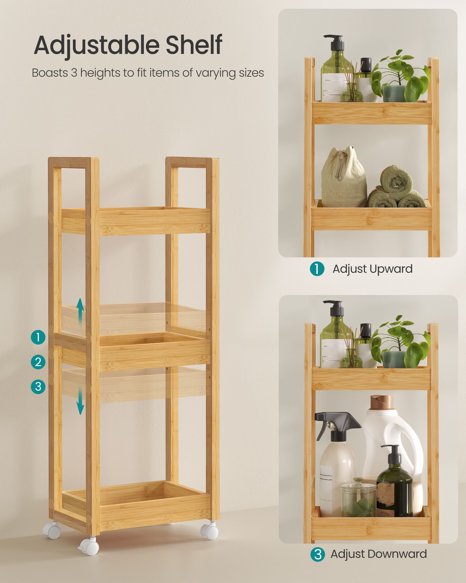 3-Tier Bathroom Trolley - Bamboo - Natural