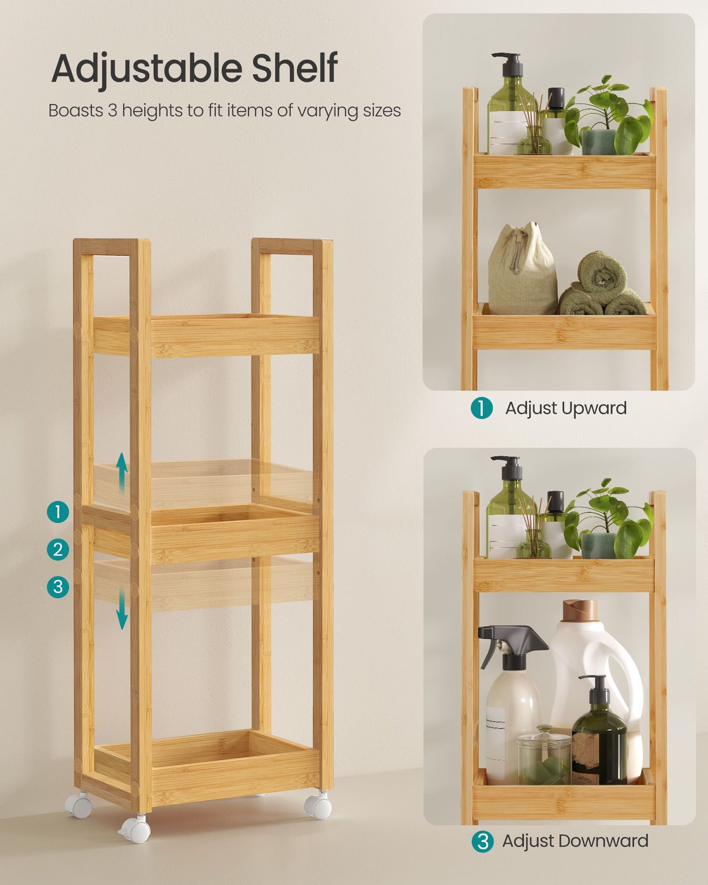 3-Tier Bathroom Trolley - Bamboo - Natural