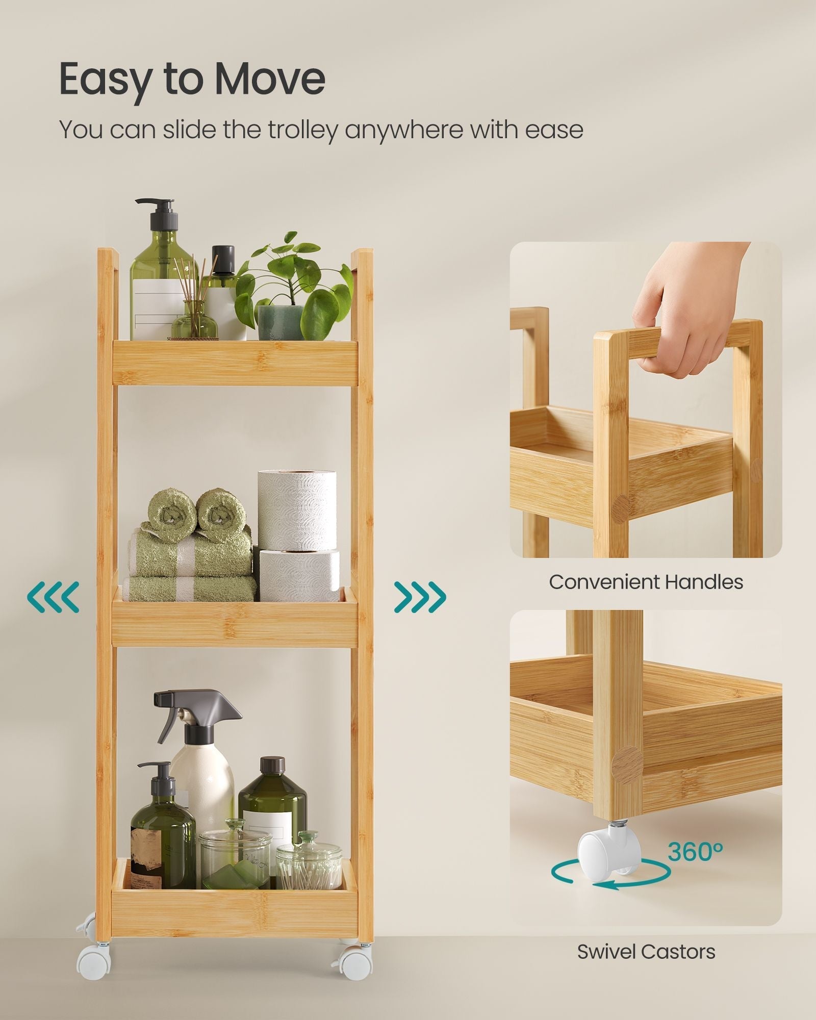 3-Tier Bathroom Trolley - Bamboo - Natural
