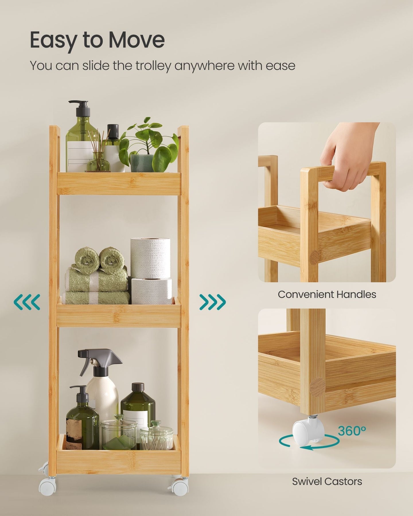 3-Tier Bathroom Trolley - Bamboo - Natural