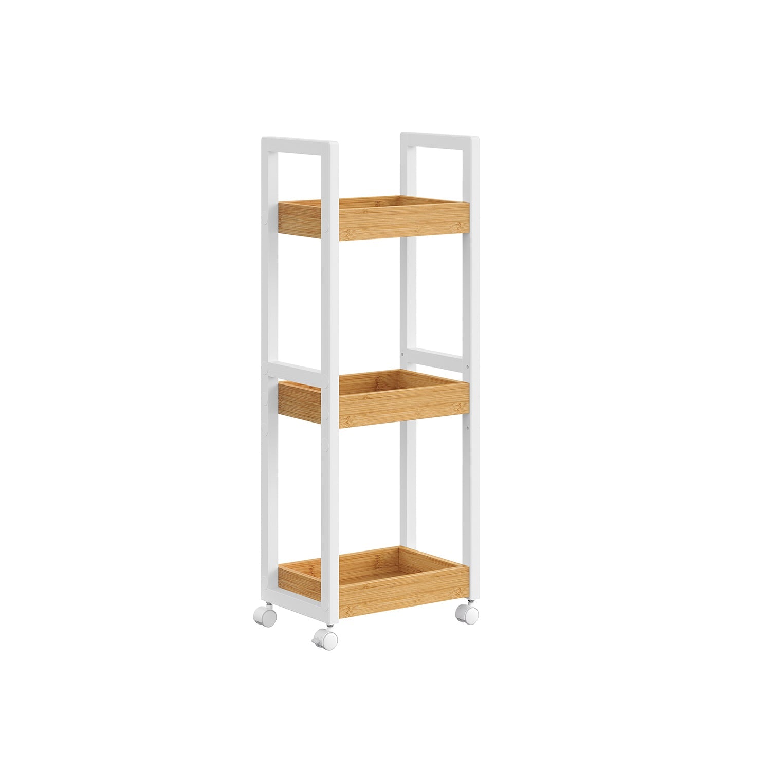 3-Tier Storage Trolley - Bamboo - White and Natural - Space-Saving on Wheels