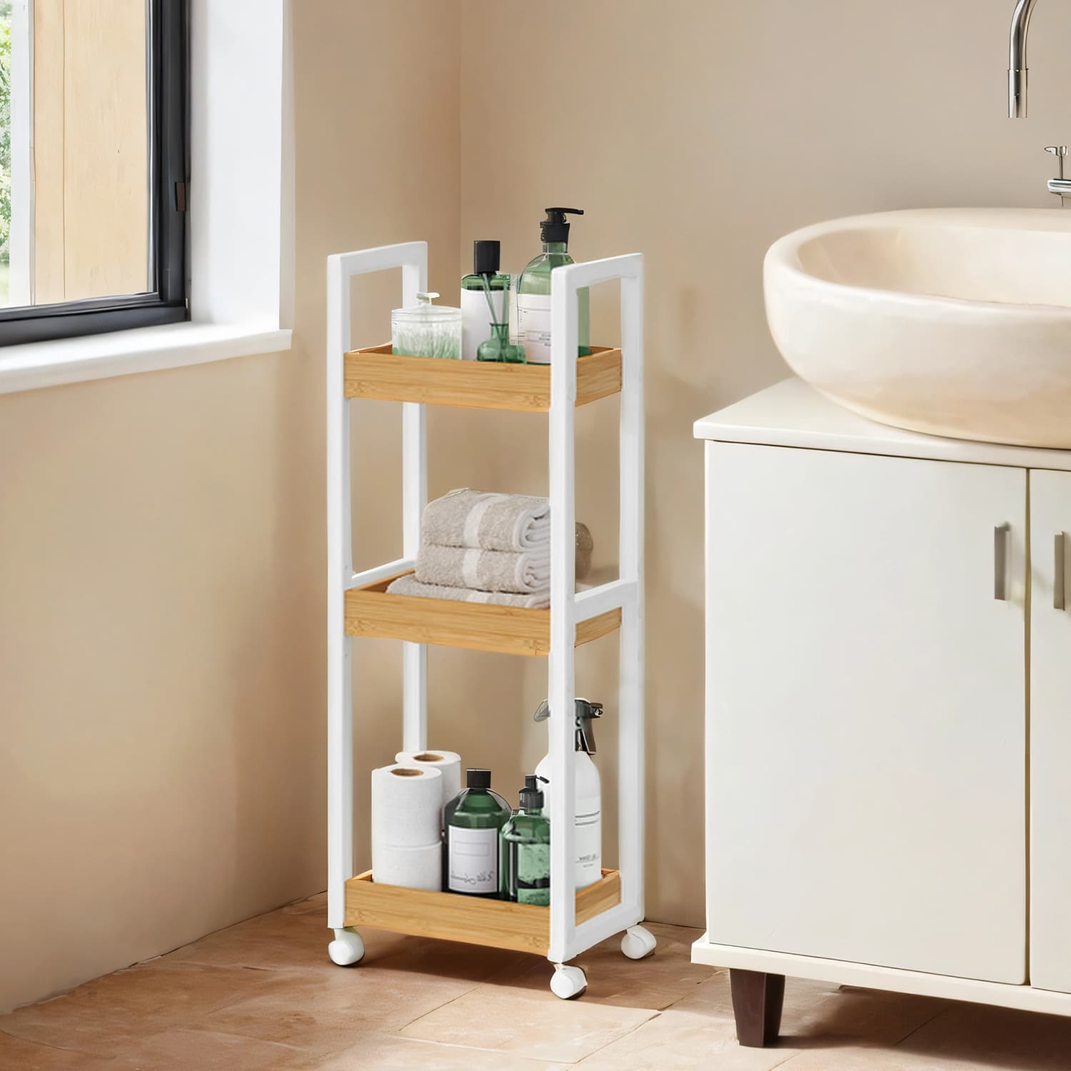 Bathroom Trolley - Bamboo - Natural - Space-Saving 3-Tier Design on Wheels