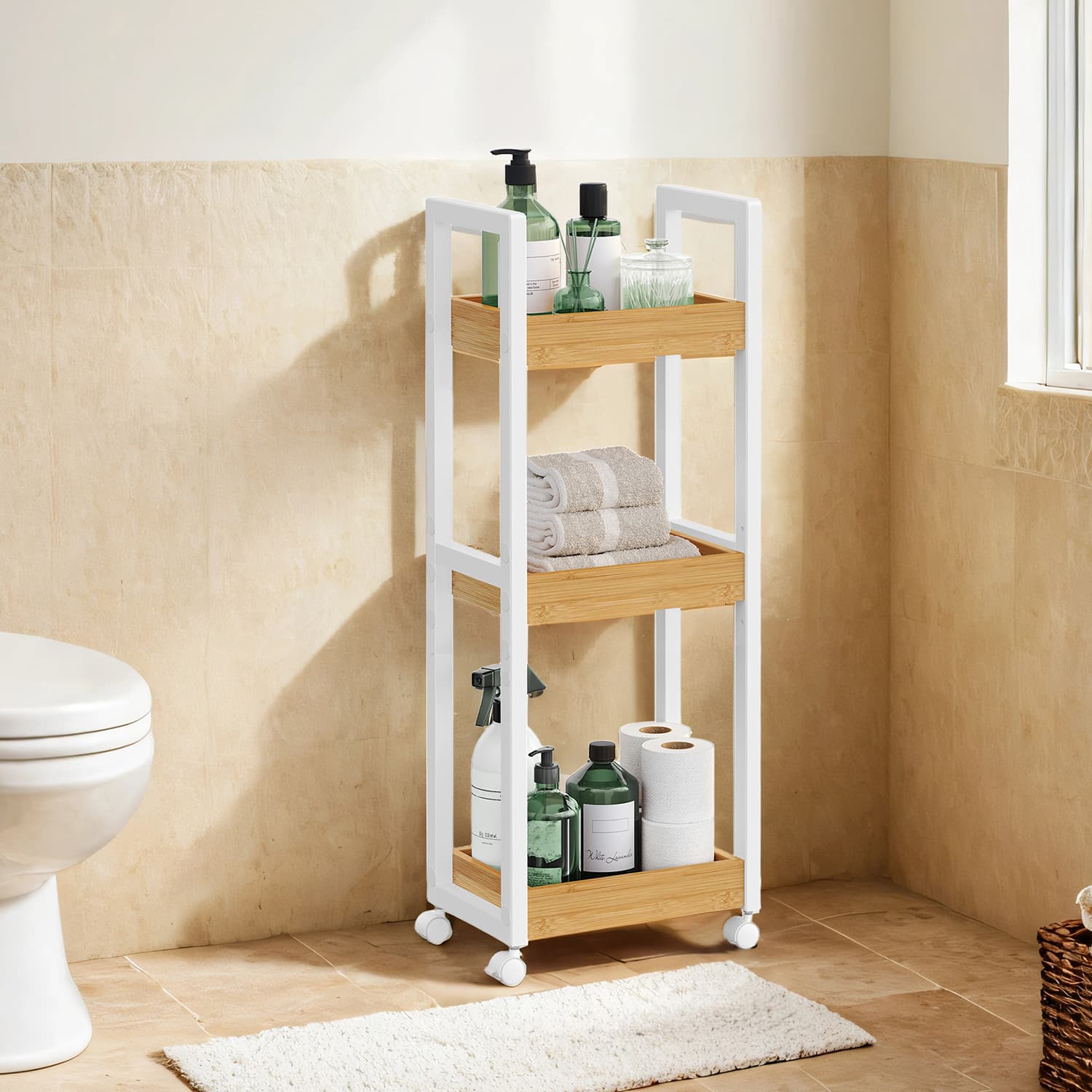 Bathroom Trolley - Bamboo - Natural - Space-Saving 3-Tier Design on Wheels