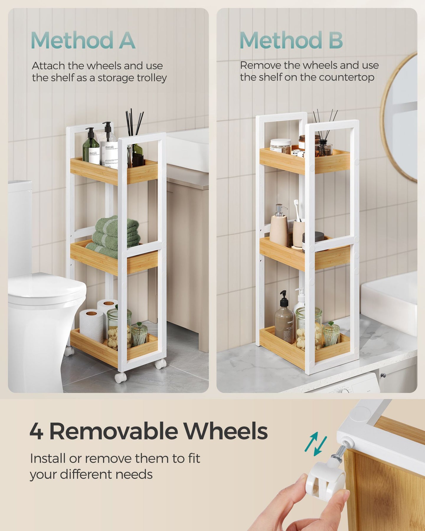 3-Tier Storage Trolley - Bamboo - White and Natural - Space-Saving on Wheels