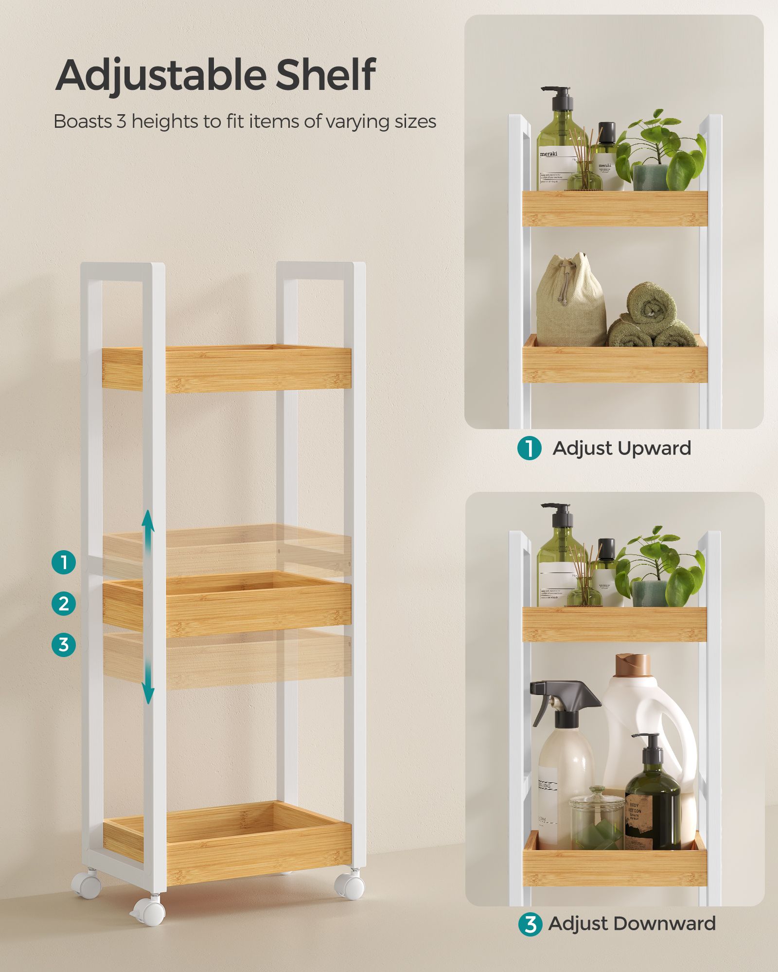3-Tier Storage Trolley - Bamboo - White and Natural - Space-Saving on Wheels