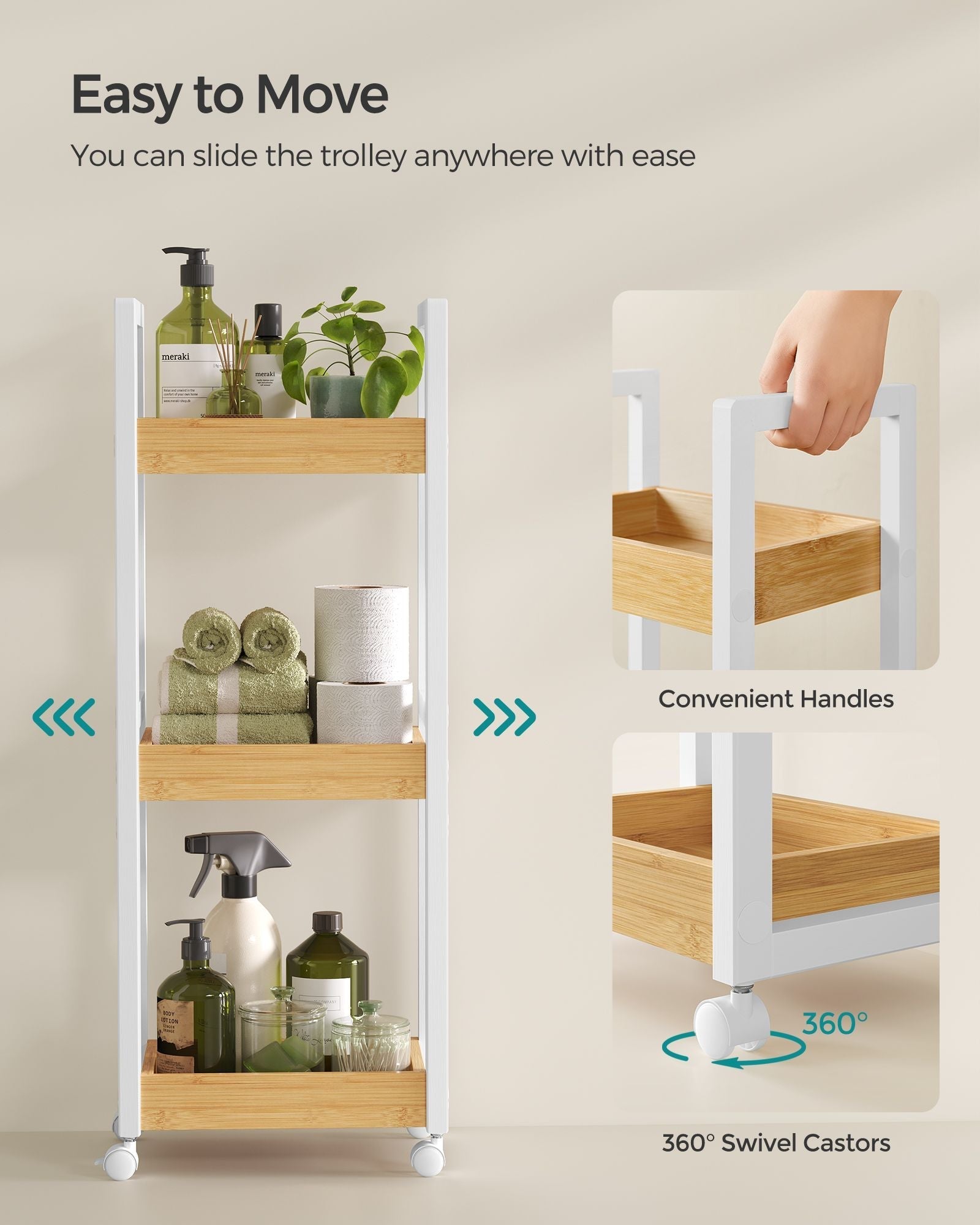 3-Tier Storage Trolley - Bamboo - White and Natural - Space-Saving on Wheels