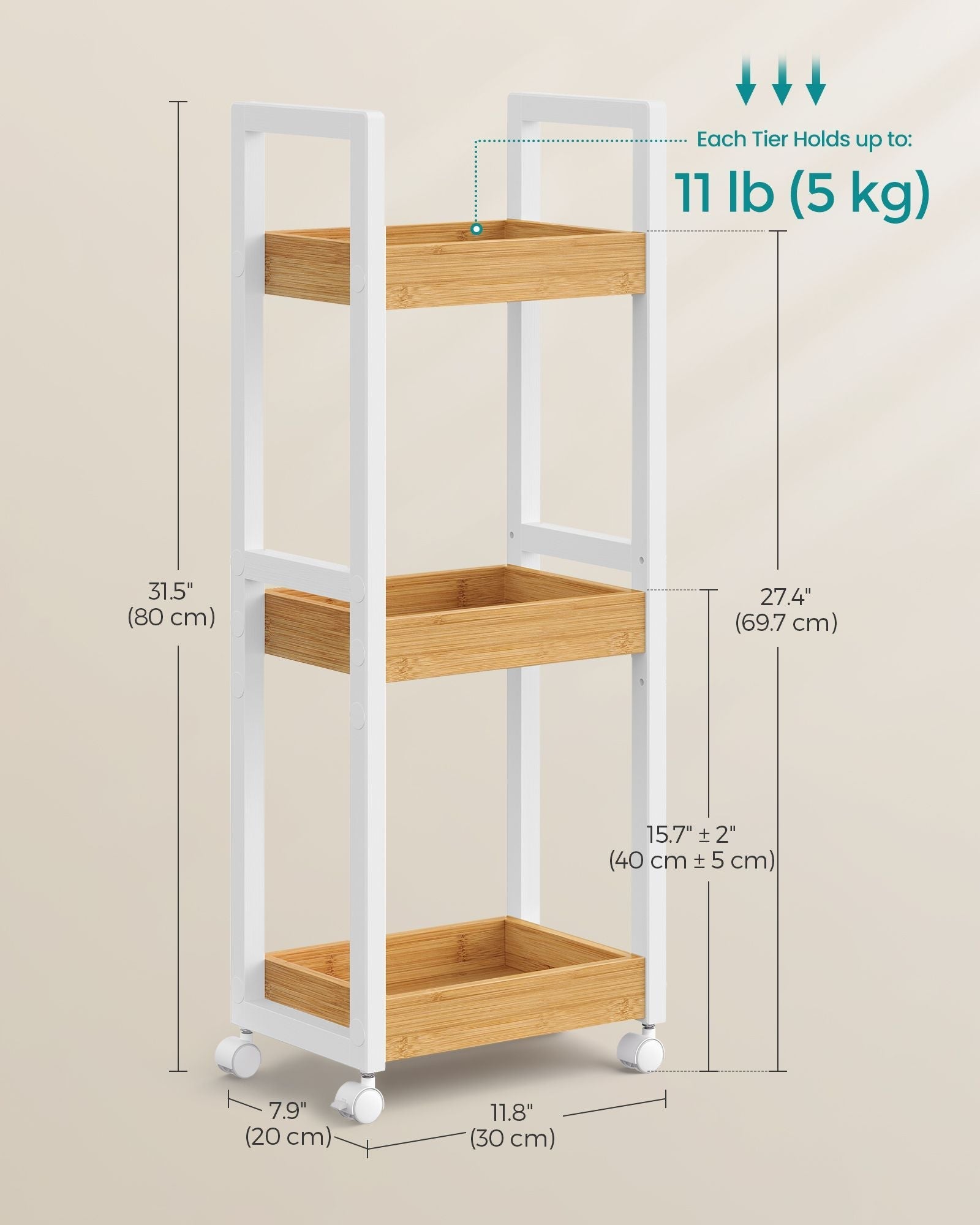 3-Tier Storage Trolley - Bamboo - White and Natural - Space-Saving on Wheels