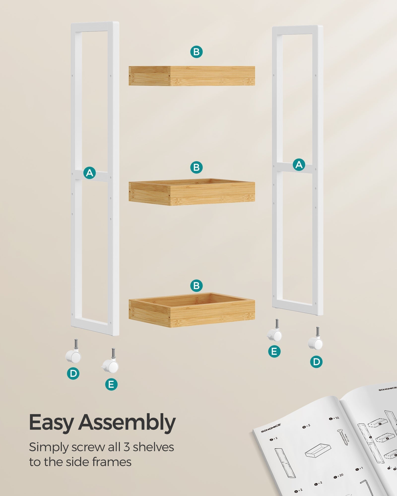 3-Tier Storage Trolley - Bamboo - White and Natural - Space-Saving on Wheels