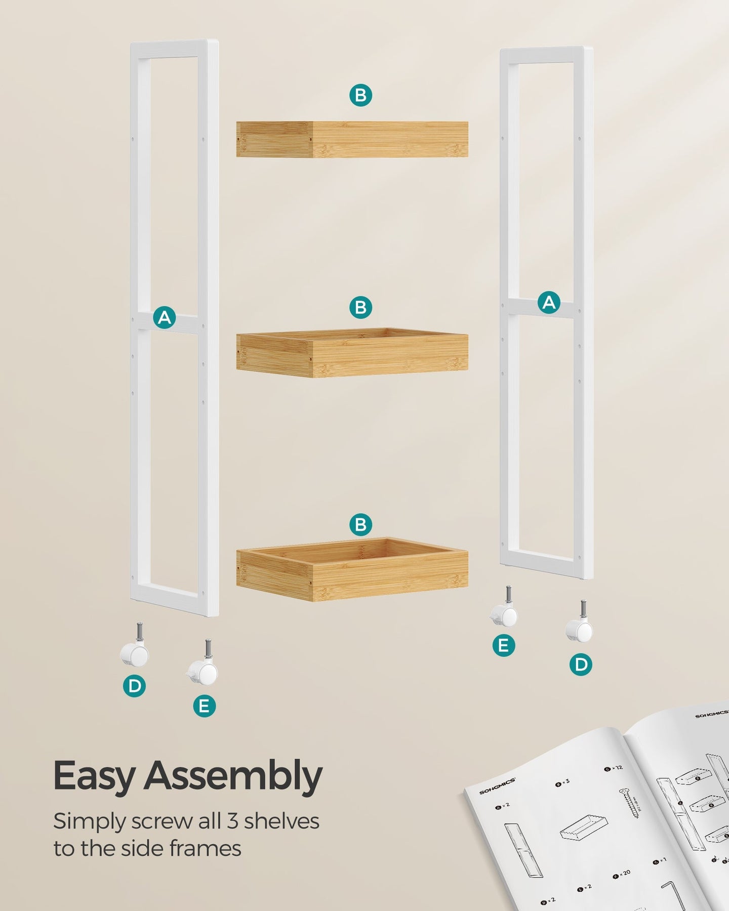 3-Tier Storage Trolley - Bamboo - White and Natural - Space-Saving on Wheels