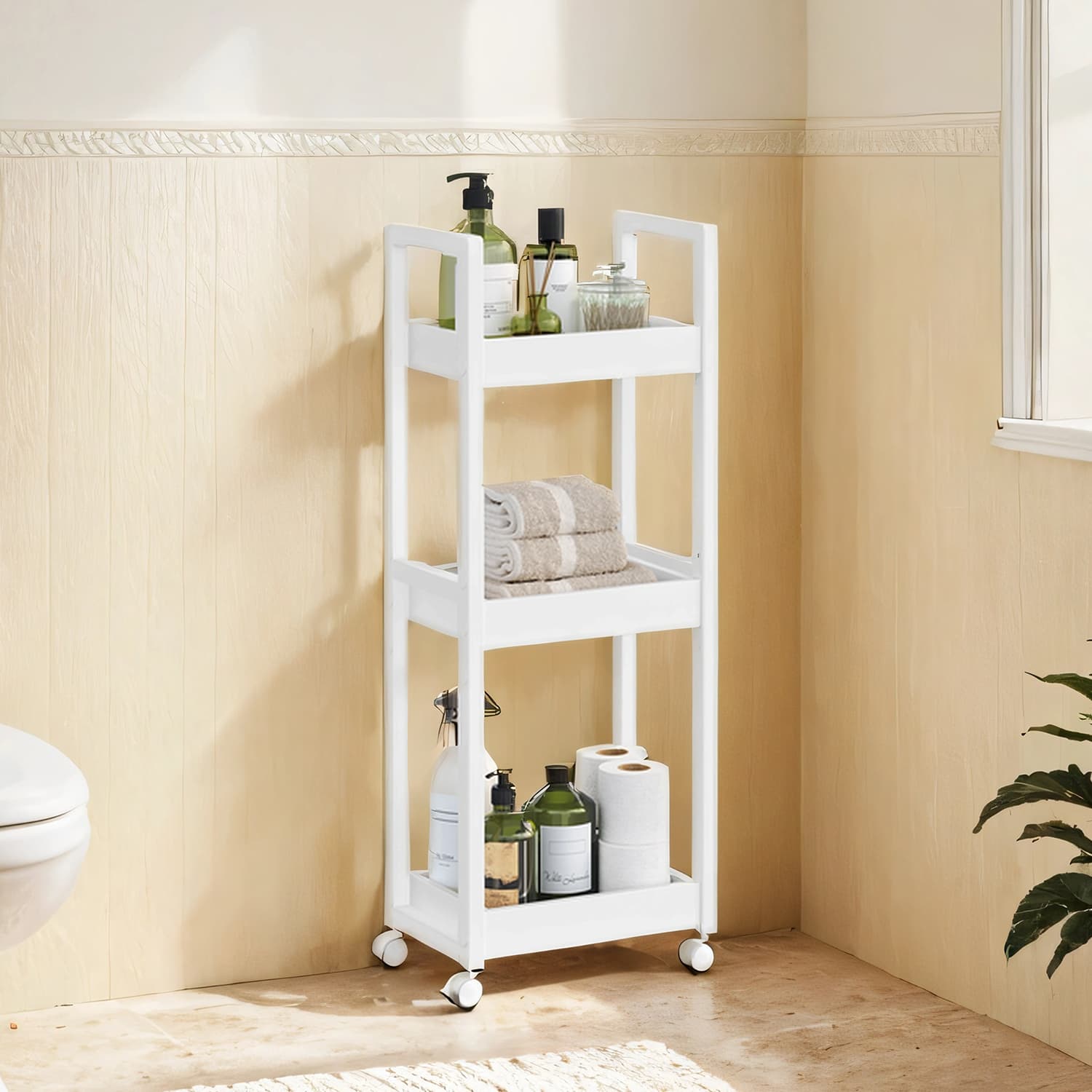 Bathroom Trolley - Bamboo - Natural - Space-Saving 3-Tier Design on Wheels