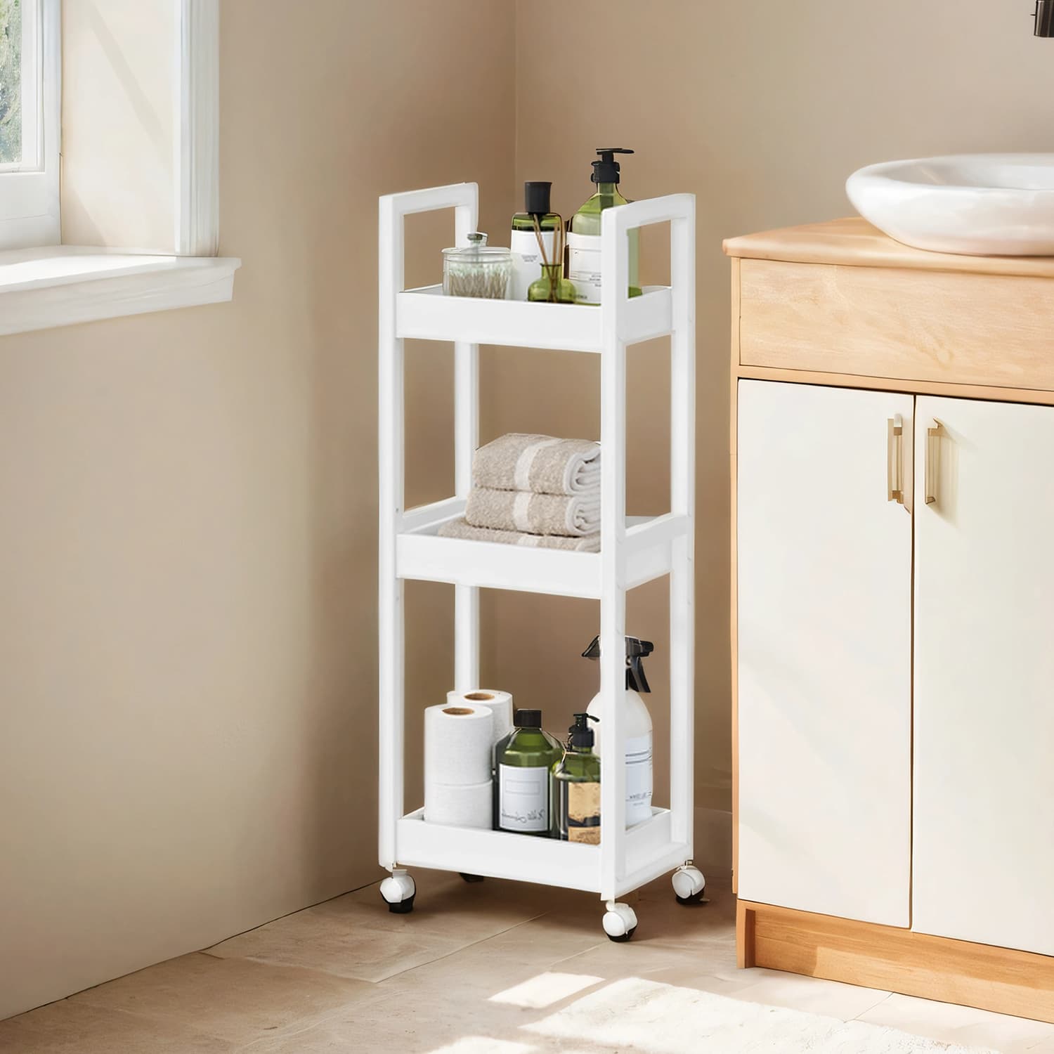 Bathroom Trolley - Bamboo - Natural - Space-Saving 3-Tier Design on Wheels