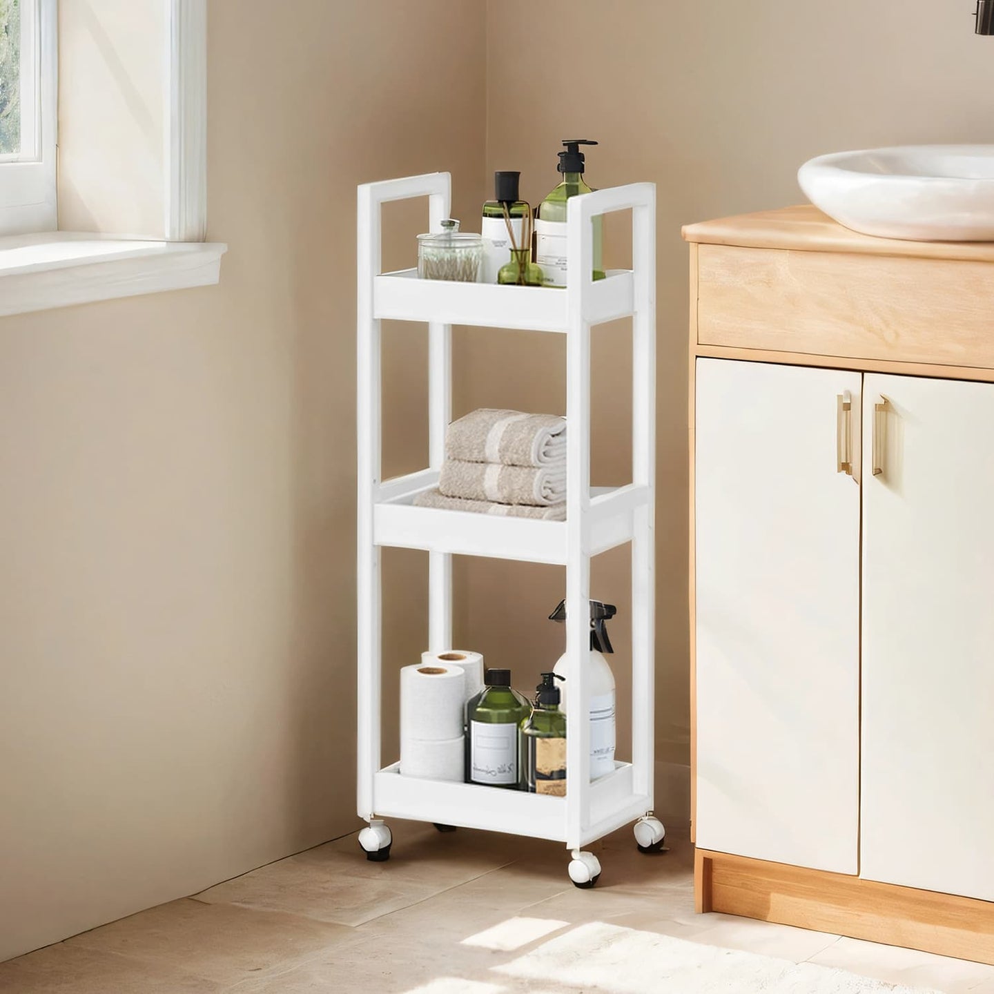 Bathroom Trolley - Bamboo - Natural - Space-Saving 3-Tier Design on Wheels