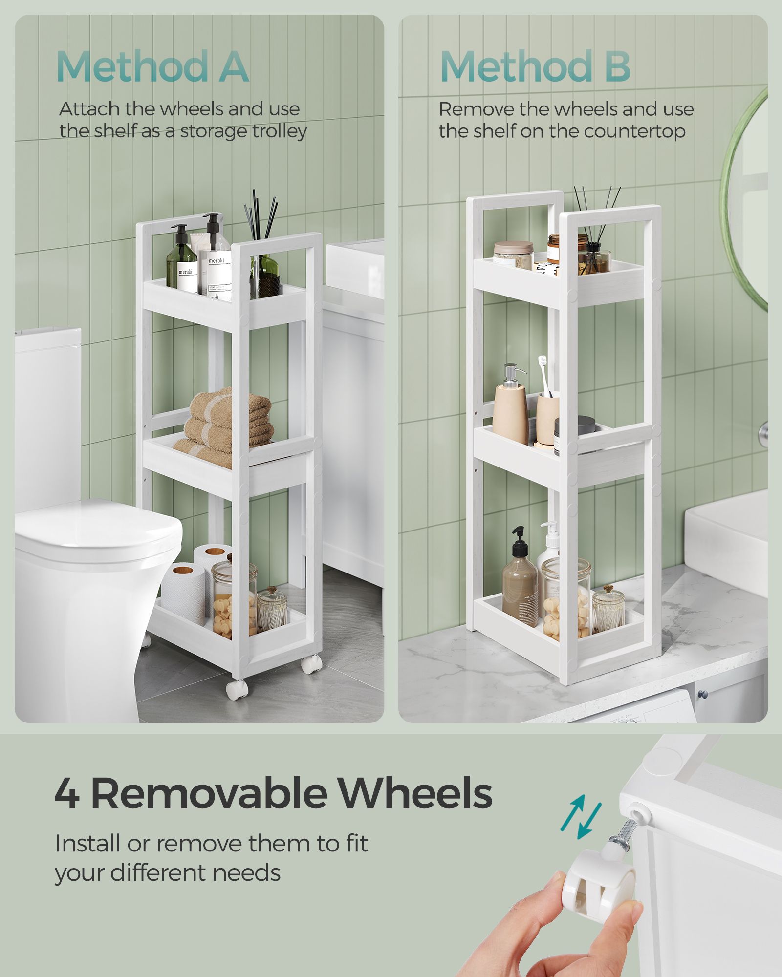 3-Tier Storage Trolley - Bamboo - White - Slim Design with Wheels