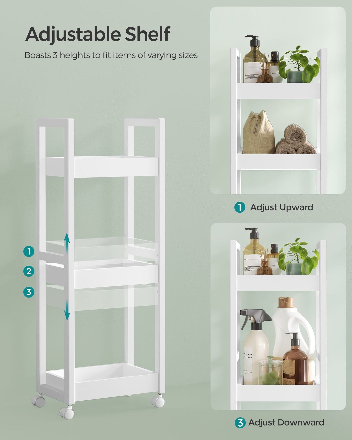 3-Tier Storage Trolley - Bamboo - White - Slim Design with Wheels