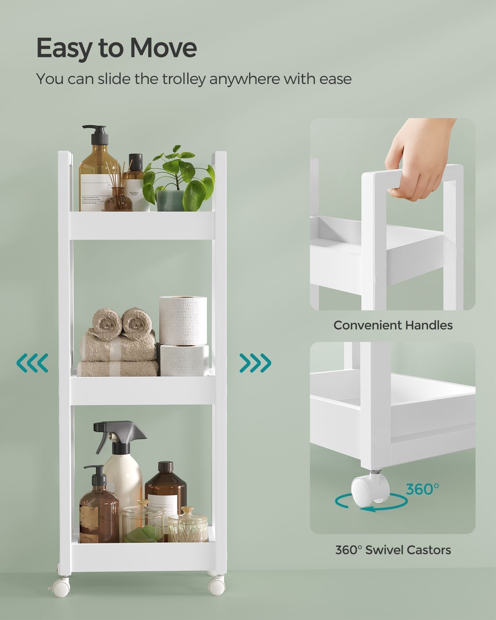 3-Tier Storage Trolley - Bamboo - White - Slim Design with Wheels
