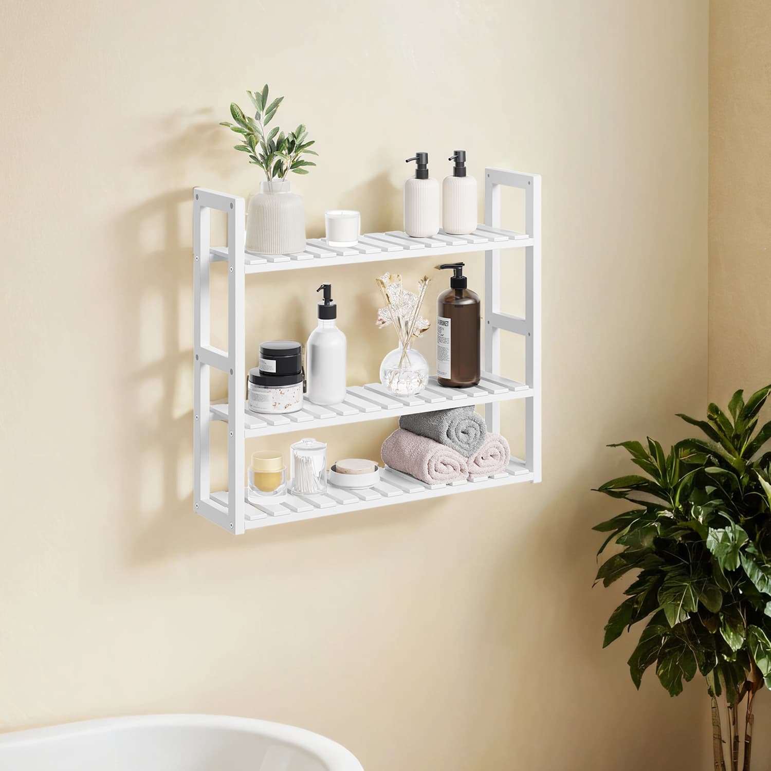 Bamboo Shelving Unit - Bamboo - White - Adjustable 3-Tier Design