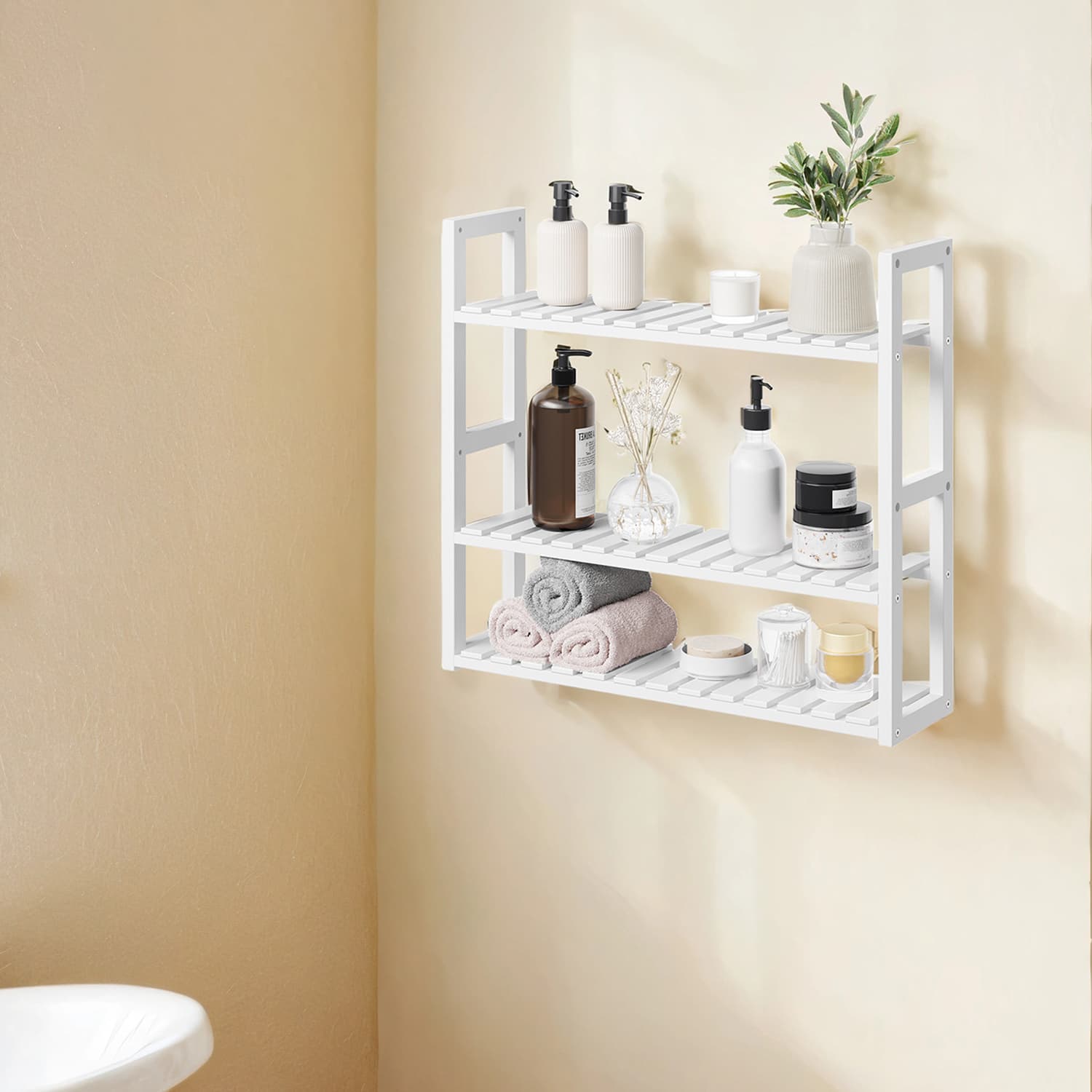 Bamboo Shelving Unit - Bamboo - White - Adjustable 3-Tier Design