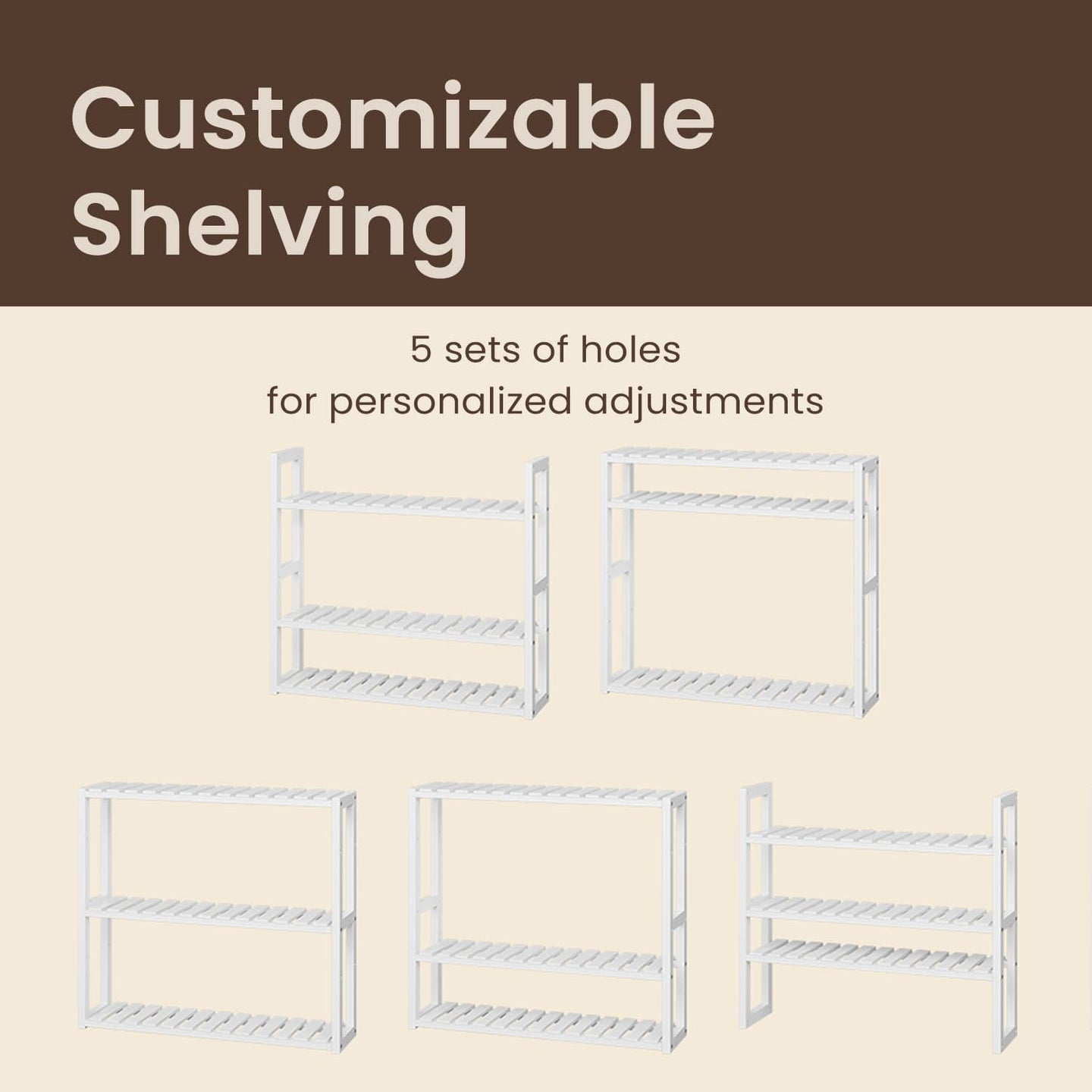 Bamboo Shelving Unit - Bamboo - White - Adjustable 3-Tier Design