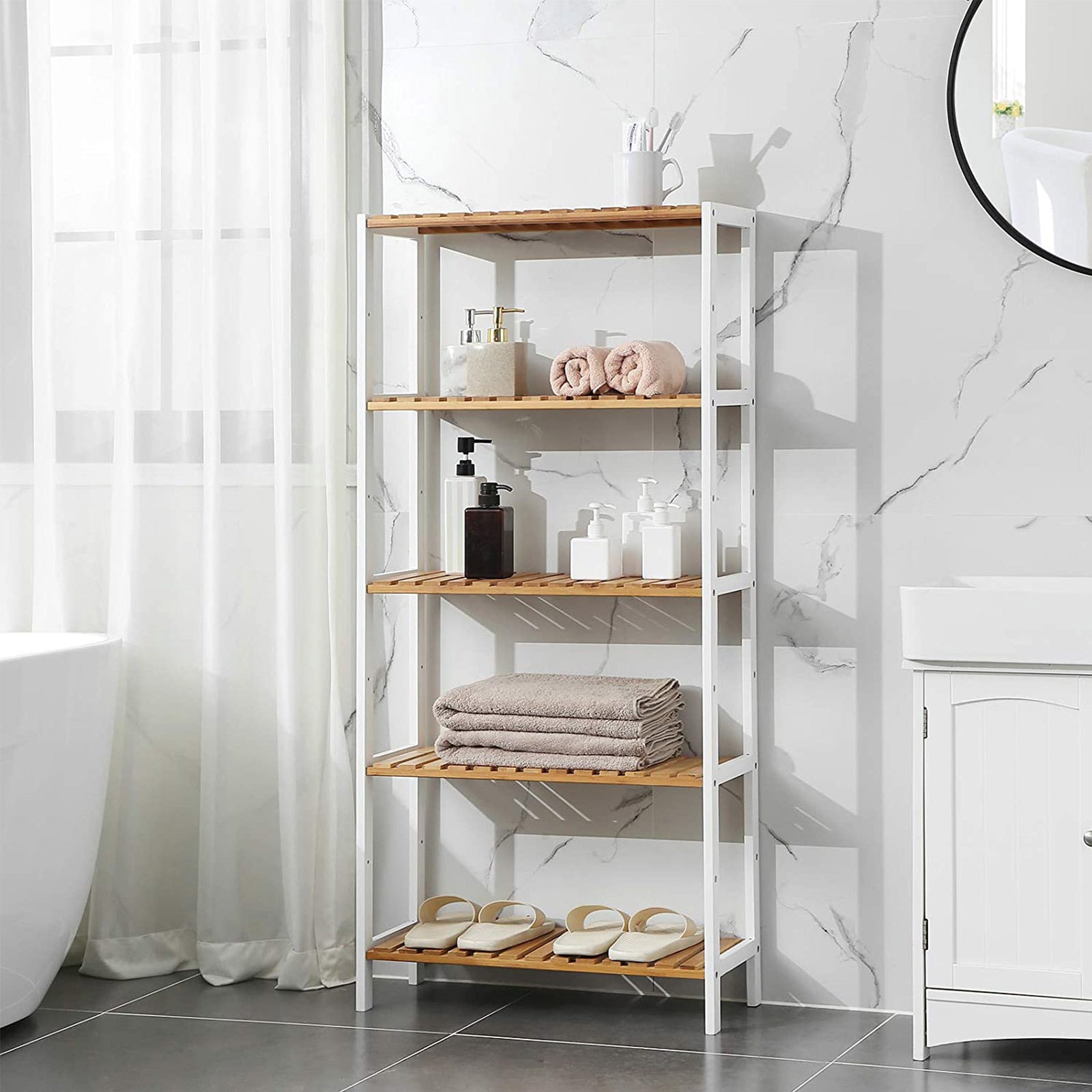 5-Tier Storage Shelf - Bamboo - White and Natural - Adjustable Heights