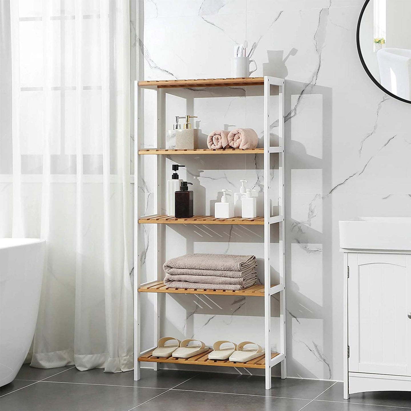5-Tier Storage Shelf - Bamboo - White and Natural - Adjustable Heights