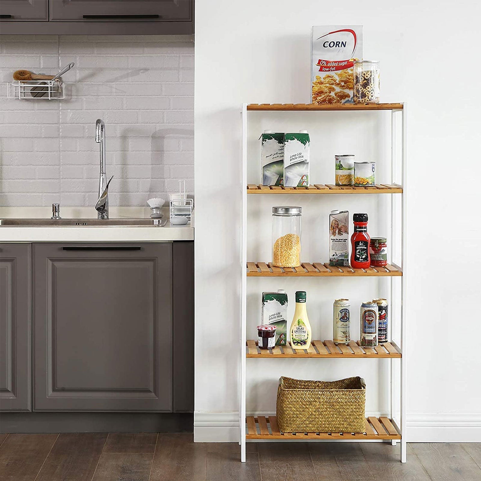 5-Tier Storage Shelf - Bamboo - White and Natural - Adjustable Heights