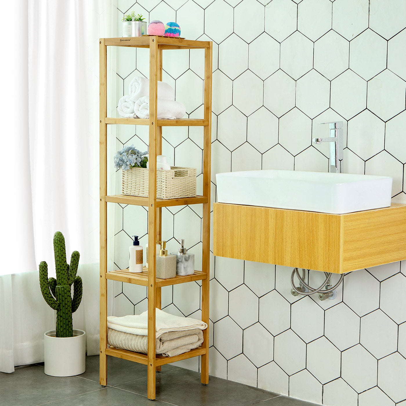 5-Tier Bamboo Shelf - Natural Finish - Versatile Standing Rack for Narrow Spaces