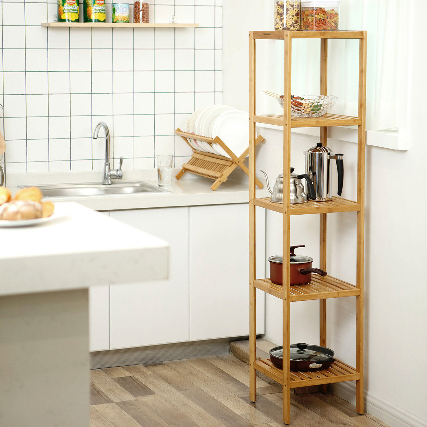 5-Tier Bamboo Shelf - Natural Finish - Versatile Standing Rack for Narrow Spaces