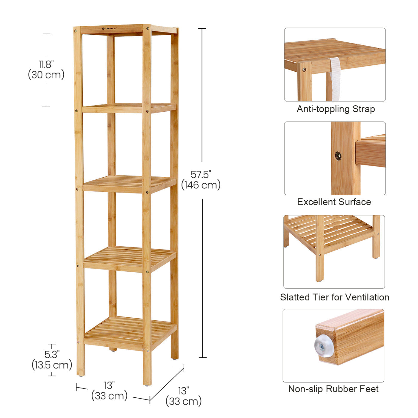 5-Tier Bamboo Shelf - Natural Finish - Versatile Standing Rack for Narrow Spaces