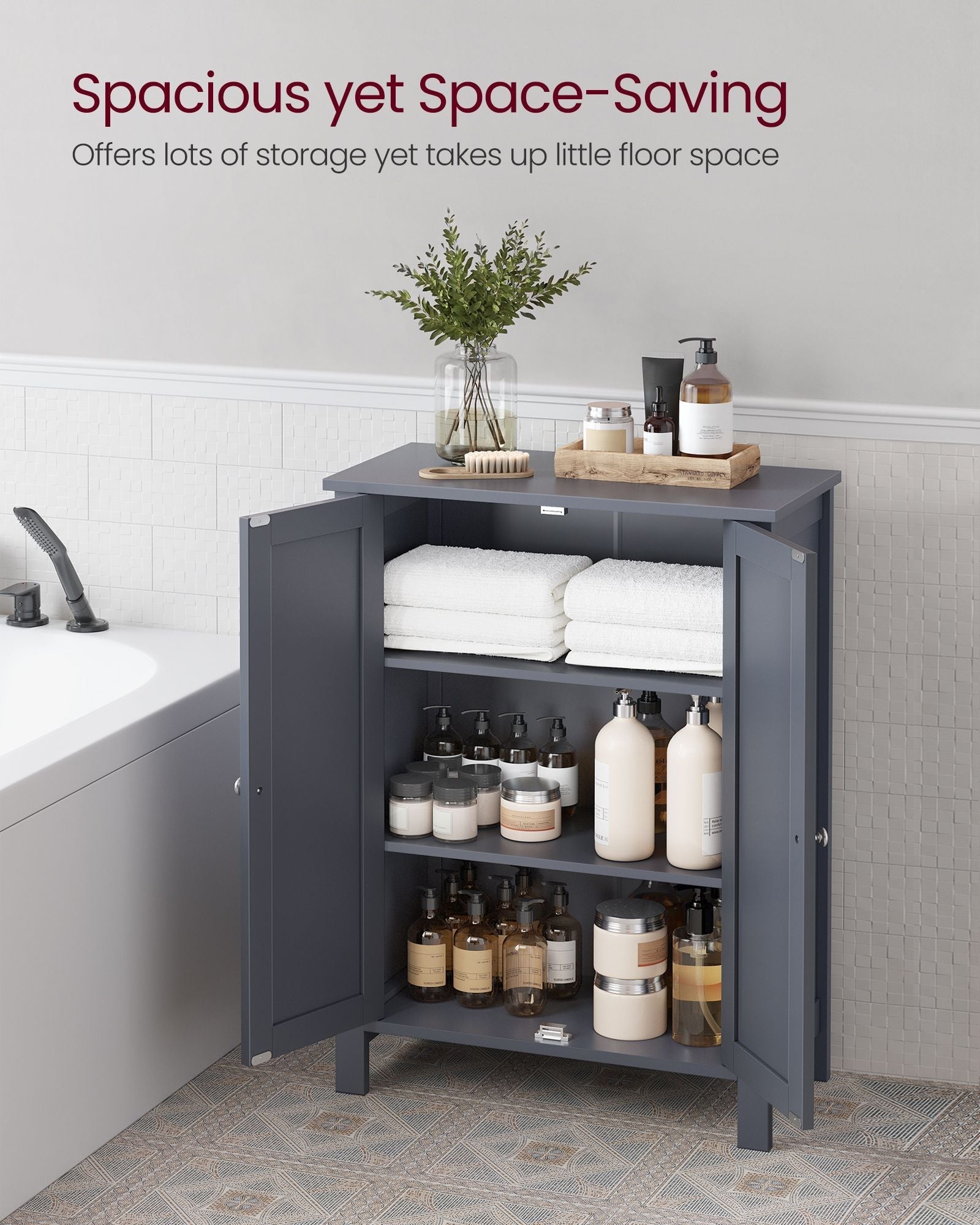 Freestanding Bathroom Cabinet - Wood - Flint Grey - Double Door with Adjustable Shelves