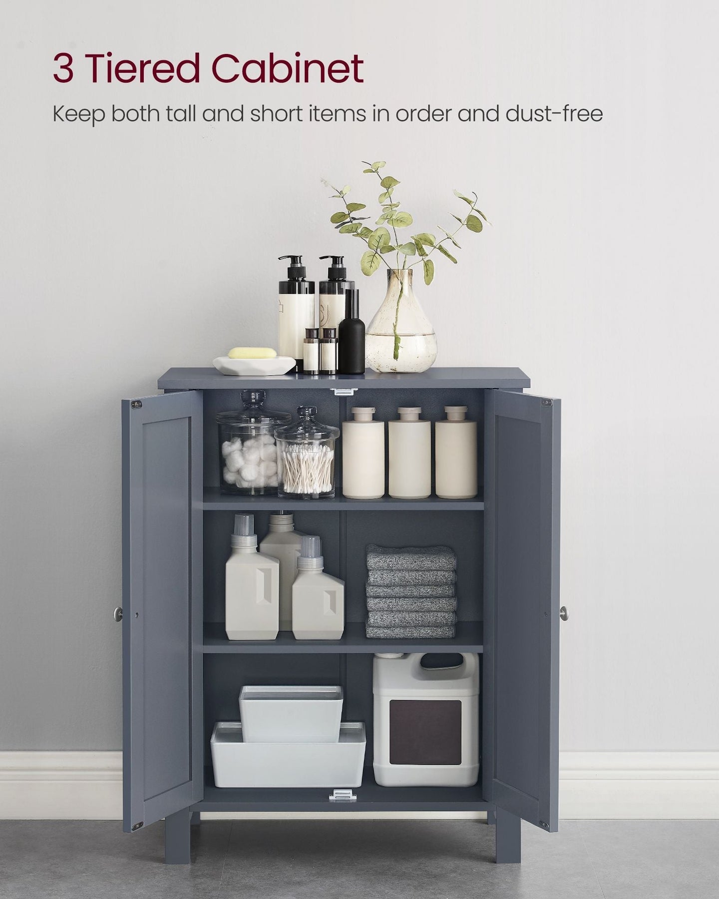 Freestanding Bathroom Cabinet - Wood - Flint Grey - Double Door with Adjustable Shelves