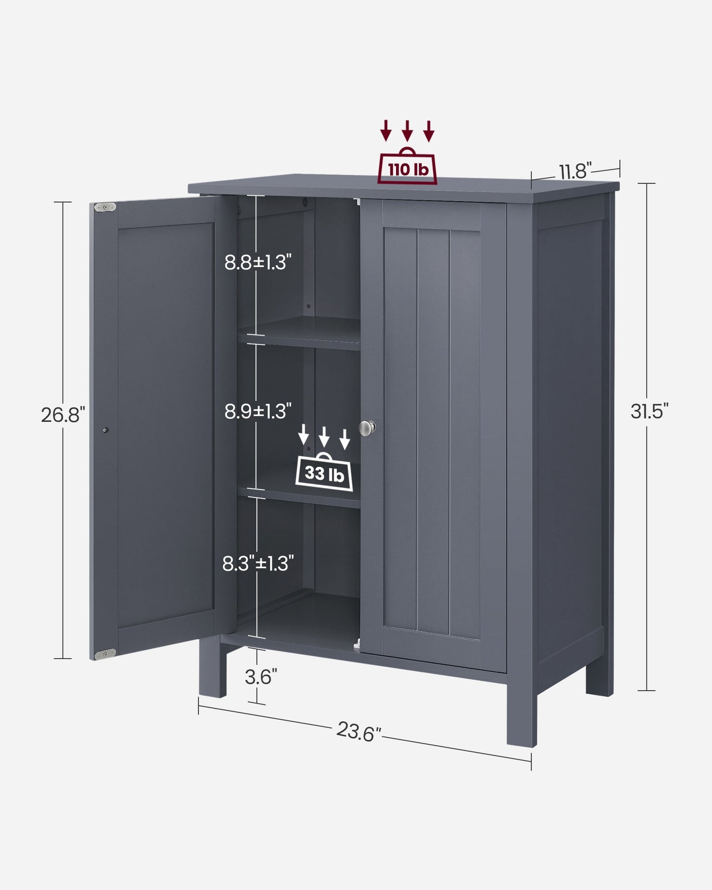 Freestanding Bathroom Cabinet - Wood - Flint Grey - Double Door with Adjustable Shelves