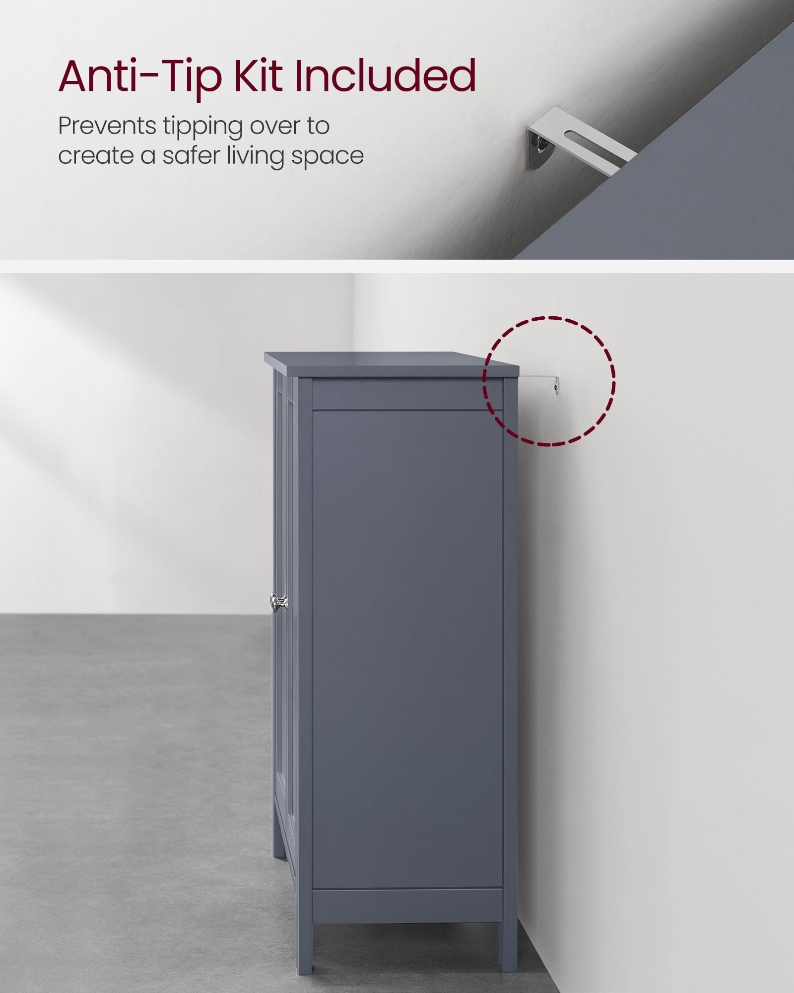 Freestanding Bathroom Cabinet - Wood - Flint Grey - Double Door with Adjustable Shelves