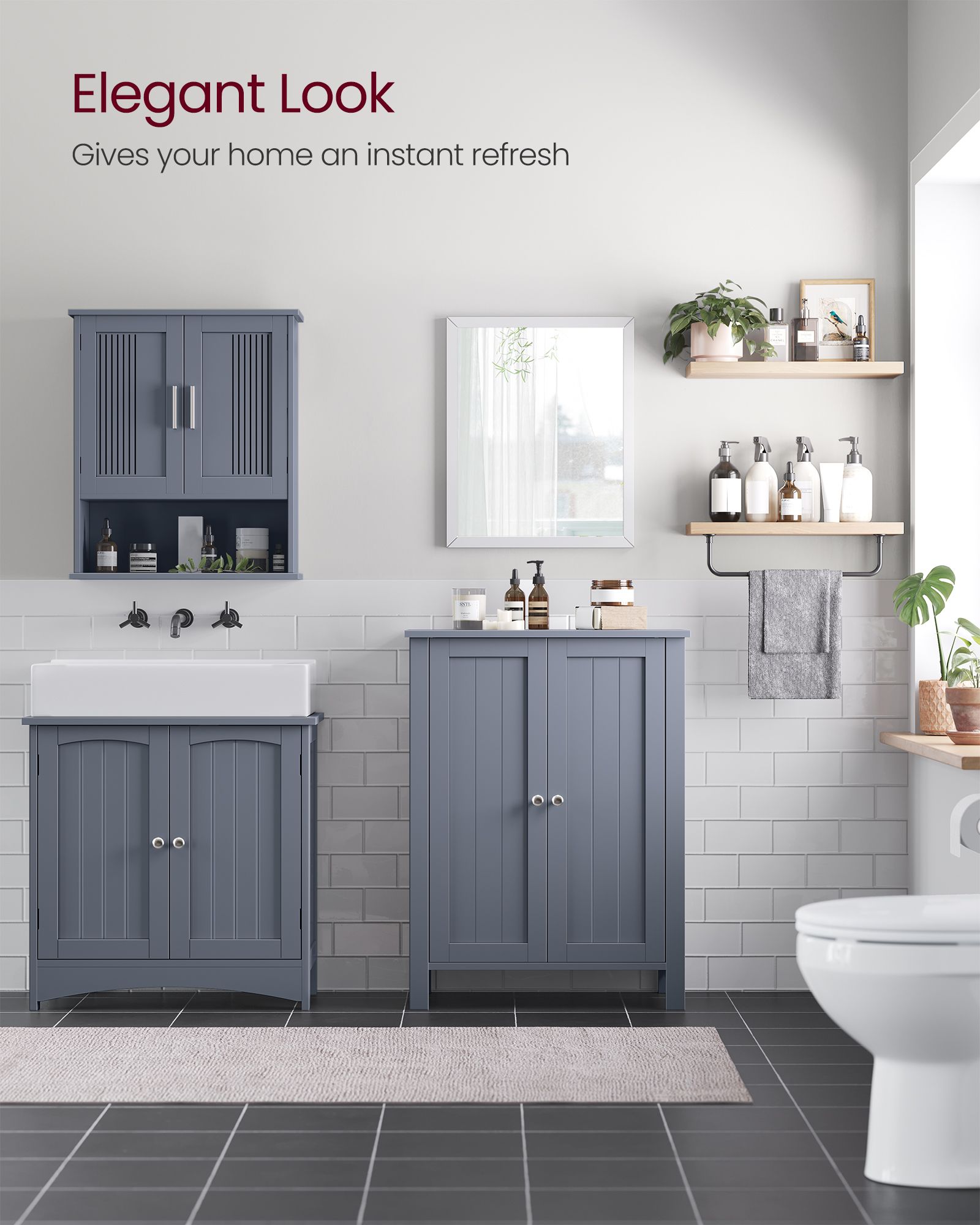 Freestanding Bathroom Cabinet - Wood - Flint Grey - Double Door with Adjustable Shelves