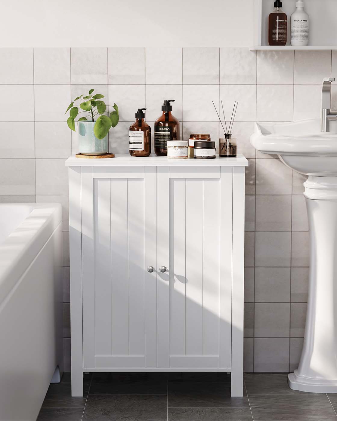 Freestanding Bathroom Storage Cabinet - 2 Adjustable Shelves - Wood - White