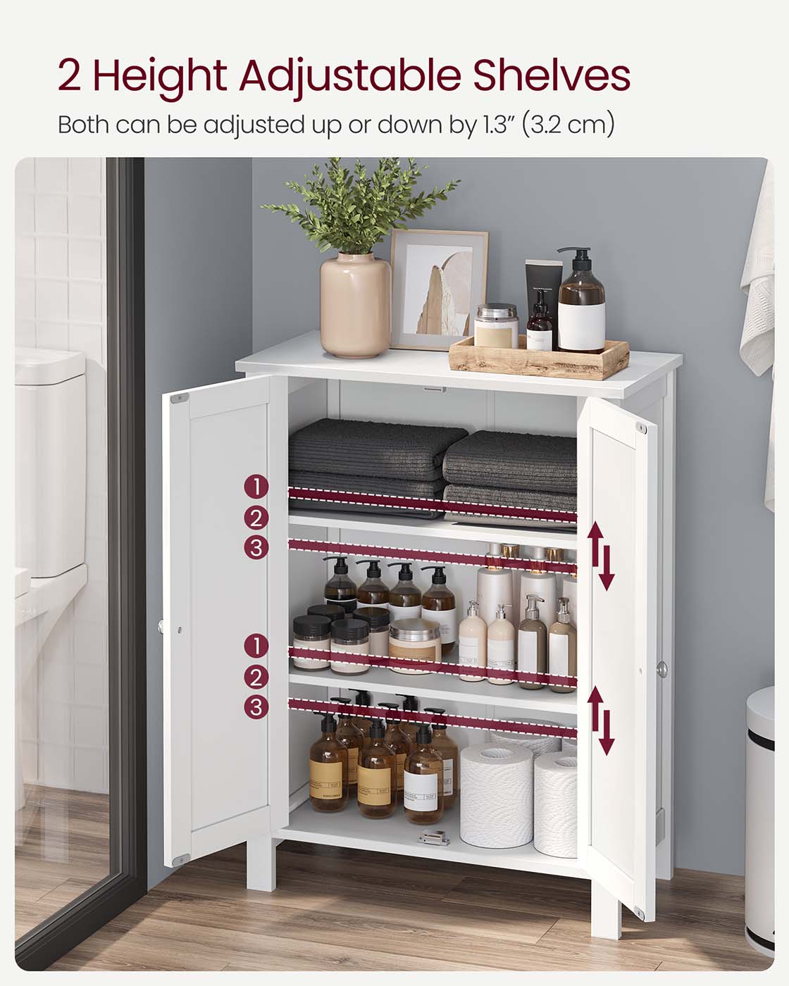 Freestanding Bathroom Storage Cabinet - 2 Adjustable Shelves - Wood - White