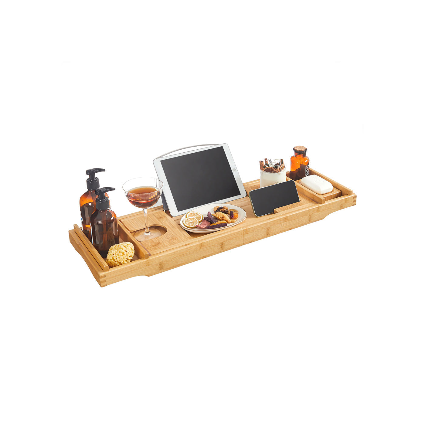 Bamboo Bath Tray - Natural - Luxury Extendable Design with Tablet and Cup Holders