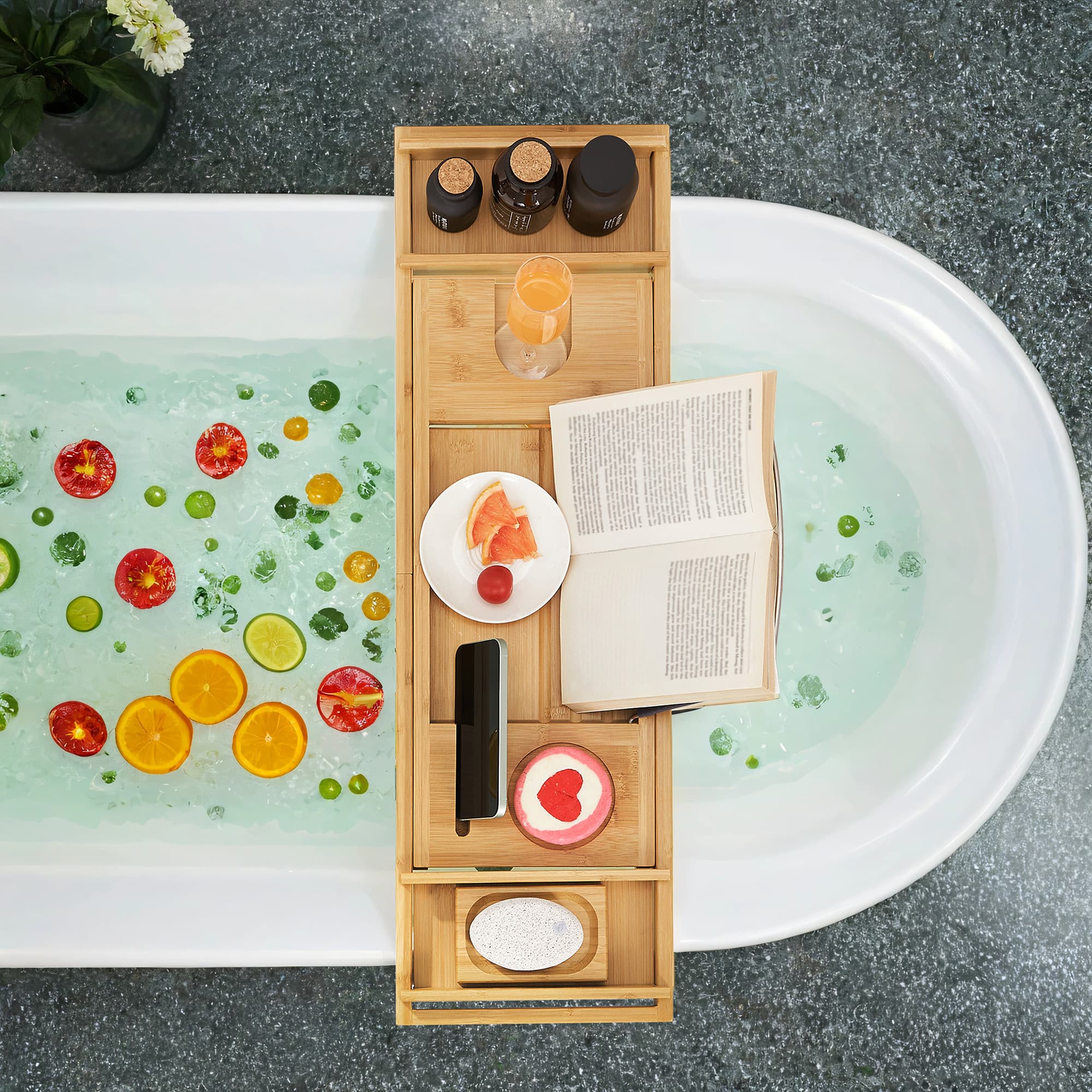 Extendable Bath Shelf - Bamboo - Natural - Includes Drink Holder