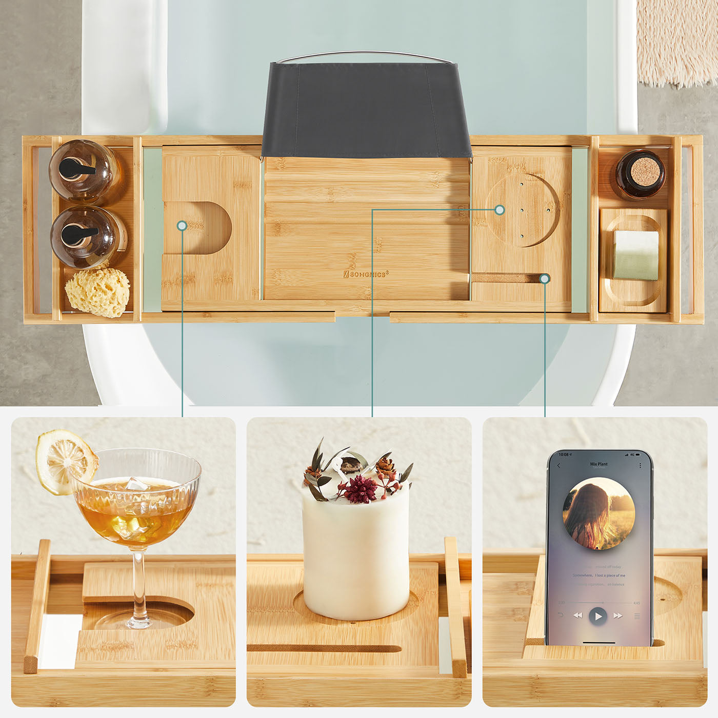 Bamboo Bath Tray - Natural - Luxury Extendable Design with Tablet and Cup Holders