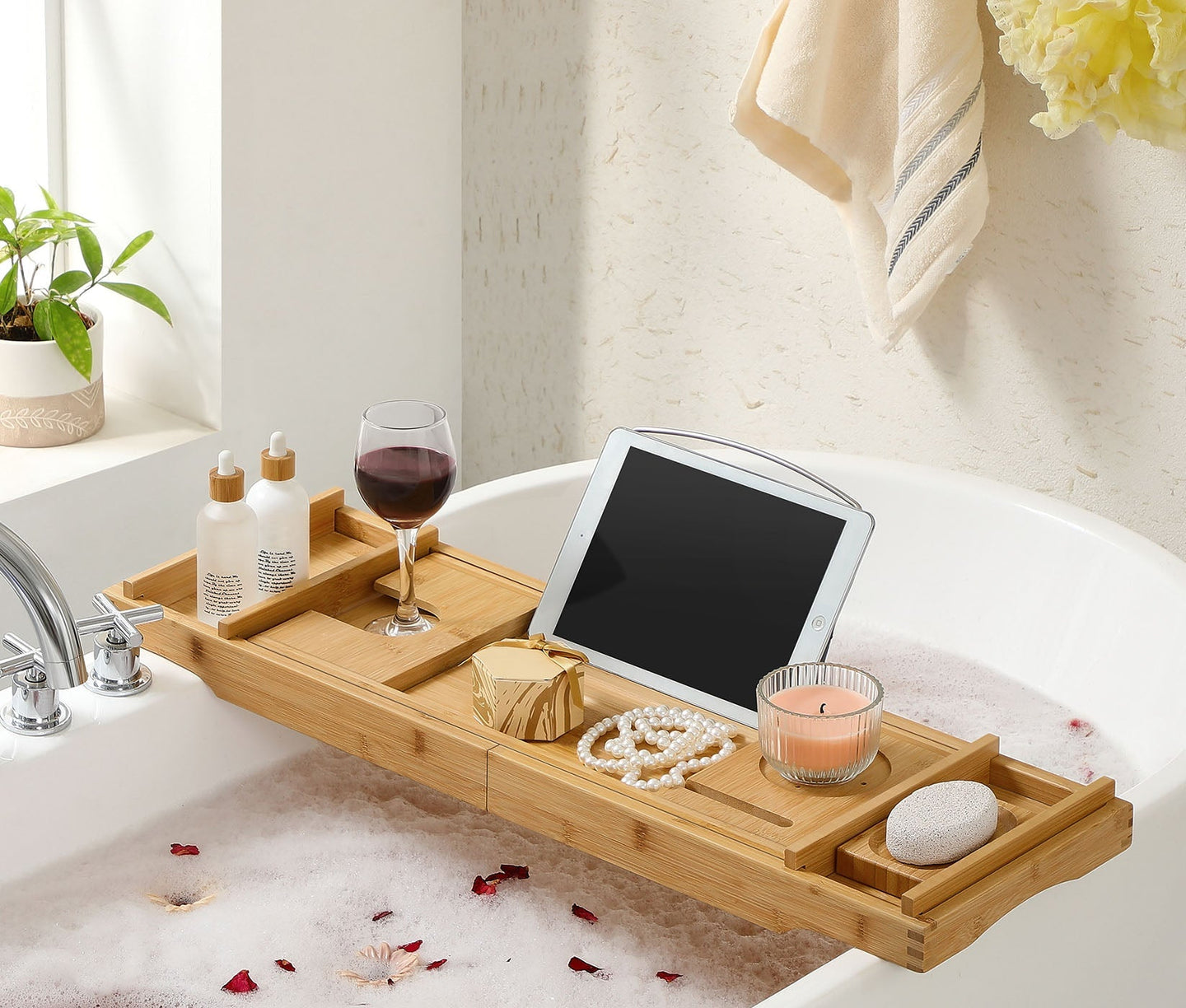 Bamboo Bath Tray - Natural - Luxury Extendable Design with Tablet and Cup Holders