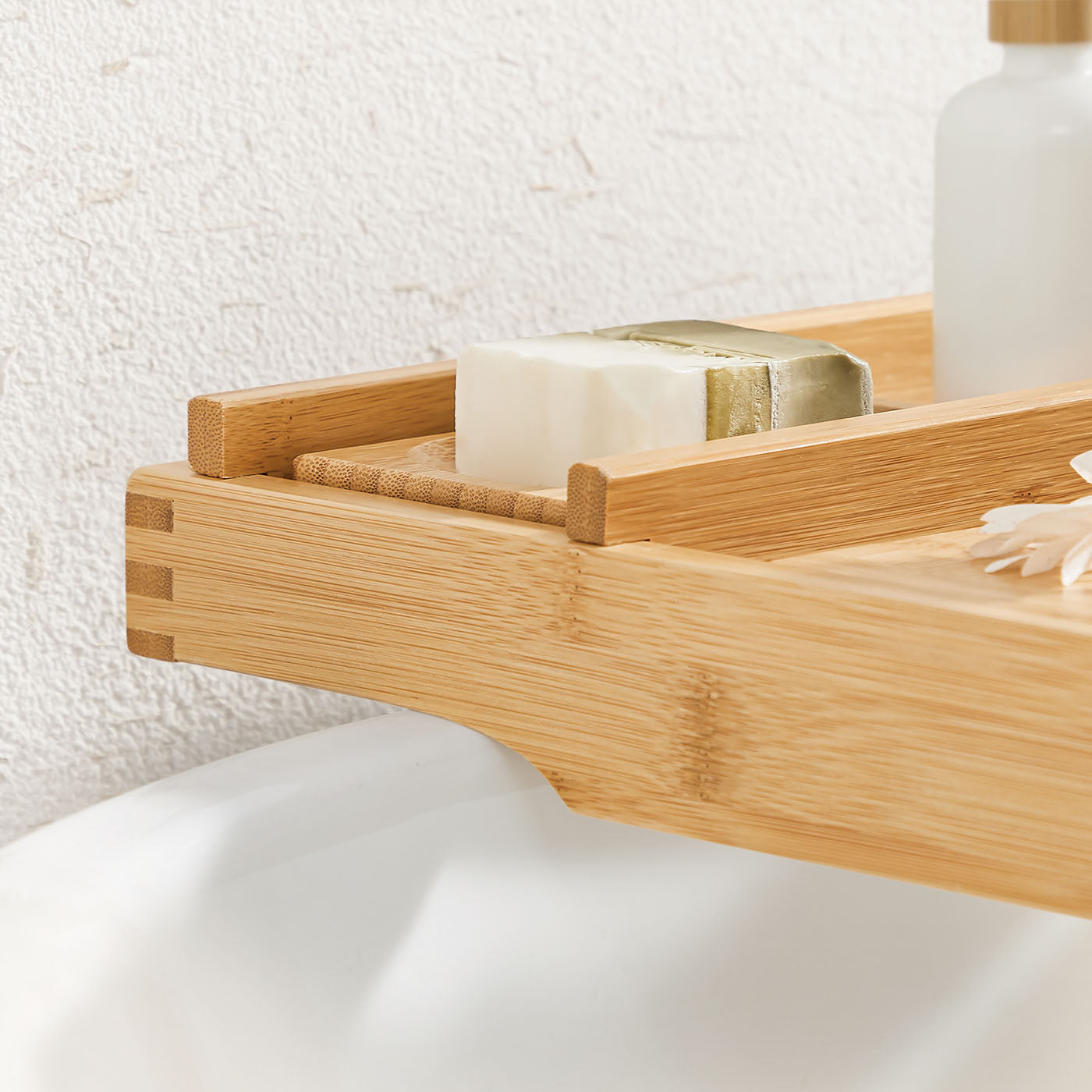 Bamboo Bath Tray - Natural - Luxury Extendable Design with Tablet and Cup Holders