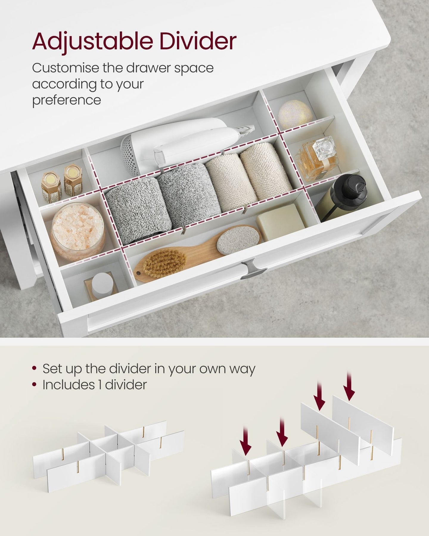 Bathroom Cabinet - Wood - Cloud White - 2 Drawers with Adjustable Dividers and 2 Baskets