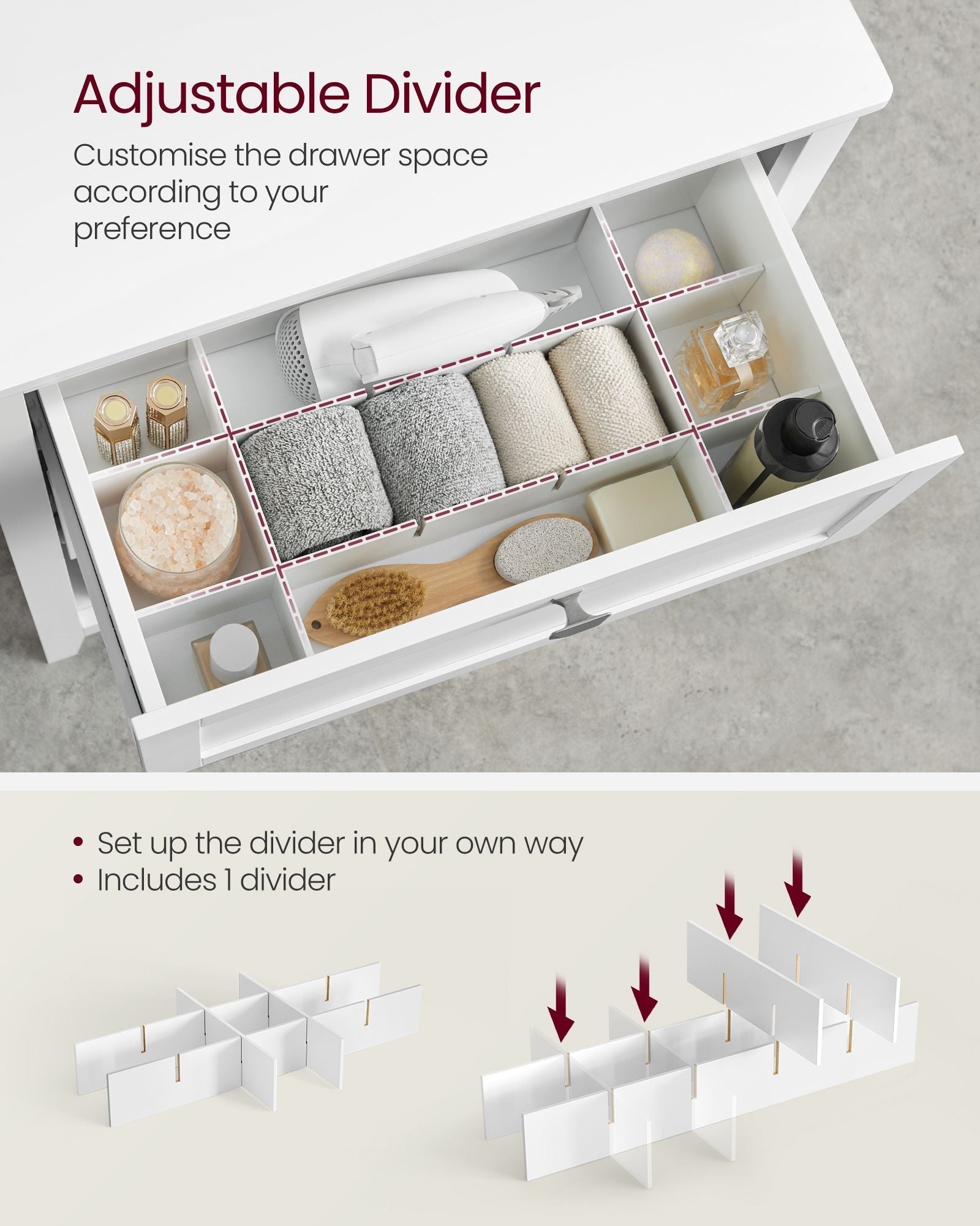 Bathroom Cabinet - Wood - Cloud White - 2 Drawers with Adjustable Dividers and 2 Baskets