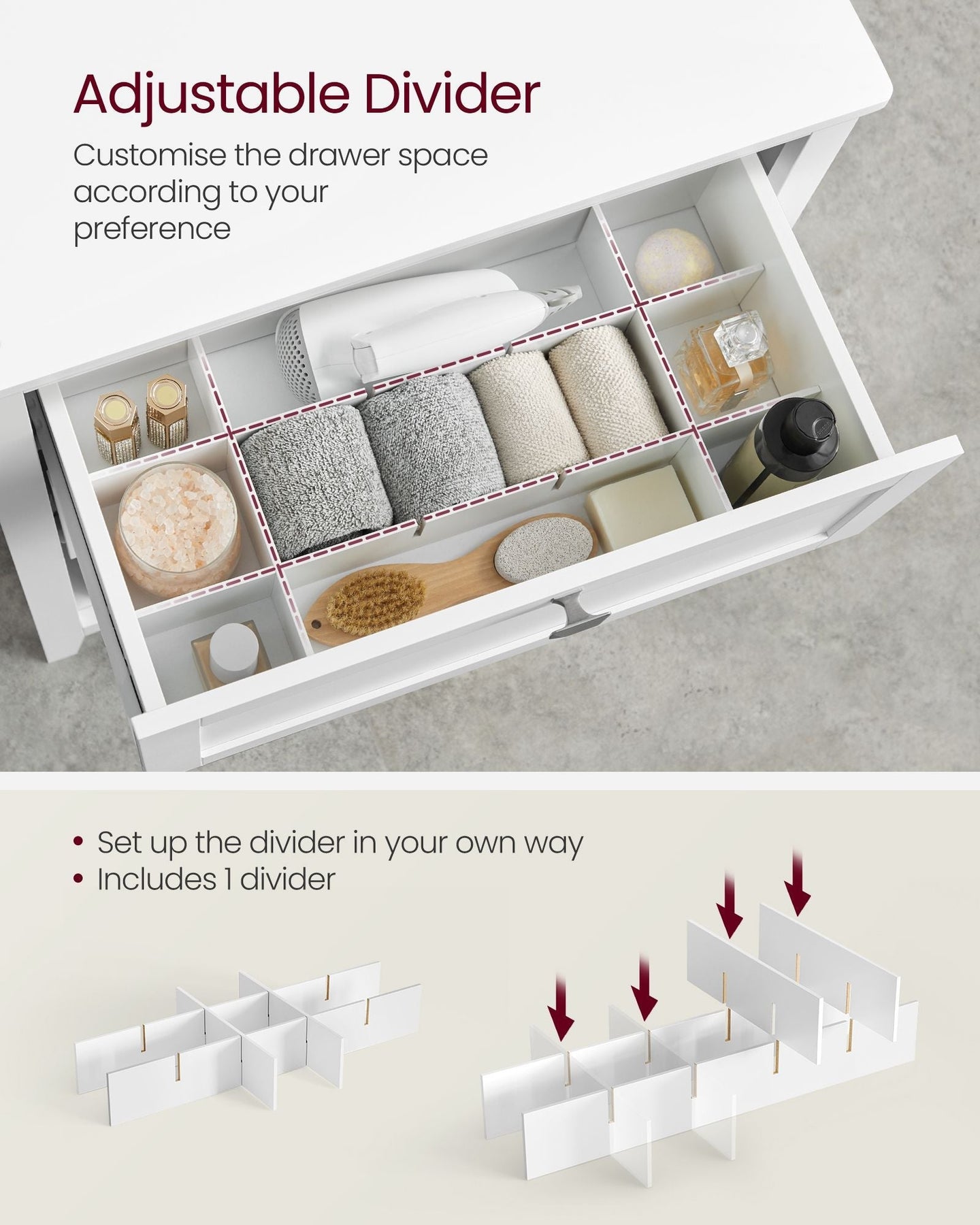 Bathroom Cabinet - Wood - Cloud White - 2 Drawers with Adjustable Dividers and 2 Baskets