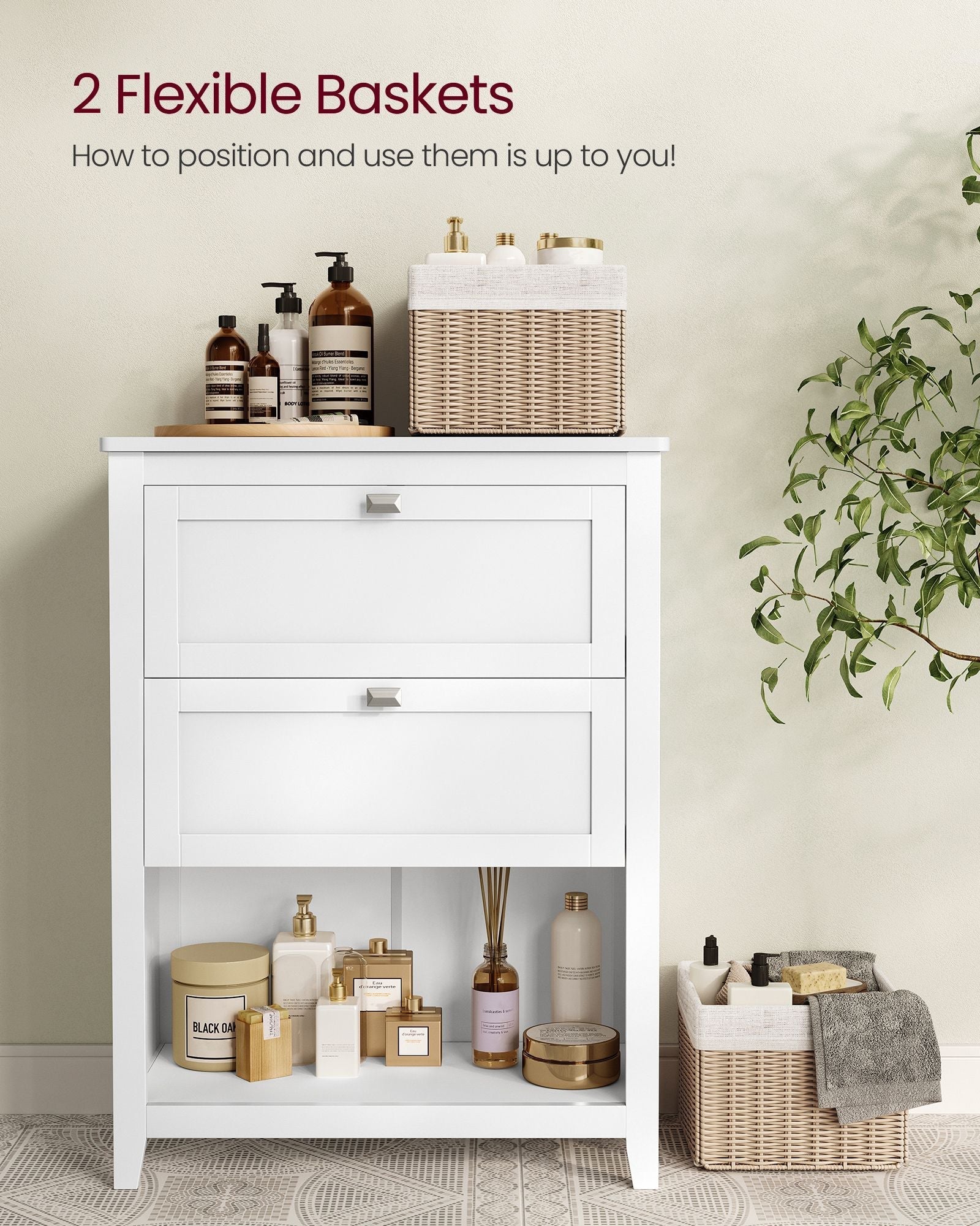 Bathroom Cabinet - Wood - Cloud White - 2 Drawers with Adjustable Dividers and 2 Baskets