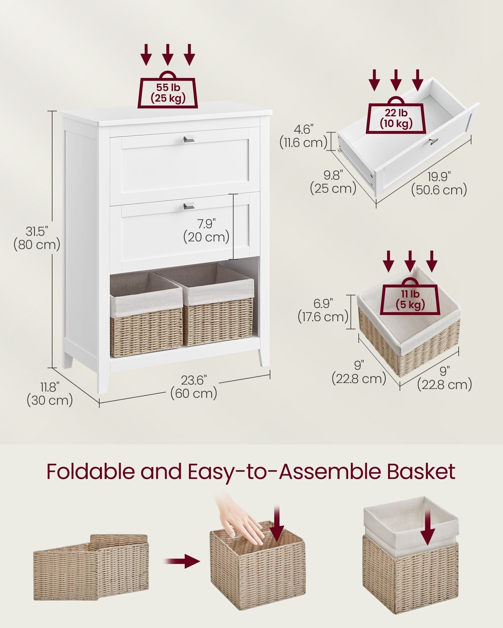 Bathroom Cabinet - Wood - Cloud White - 2 Drawers with Adjustable Dividers and 2 Baskets