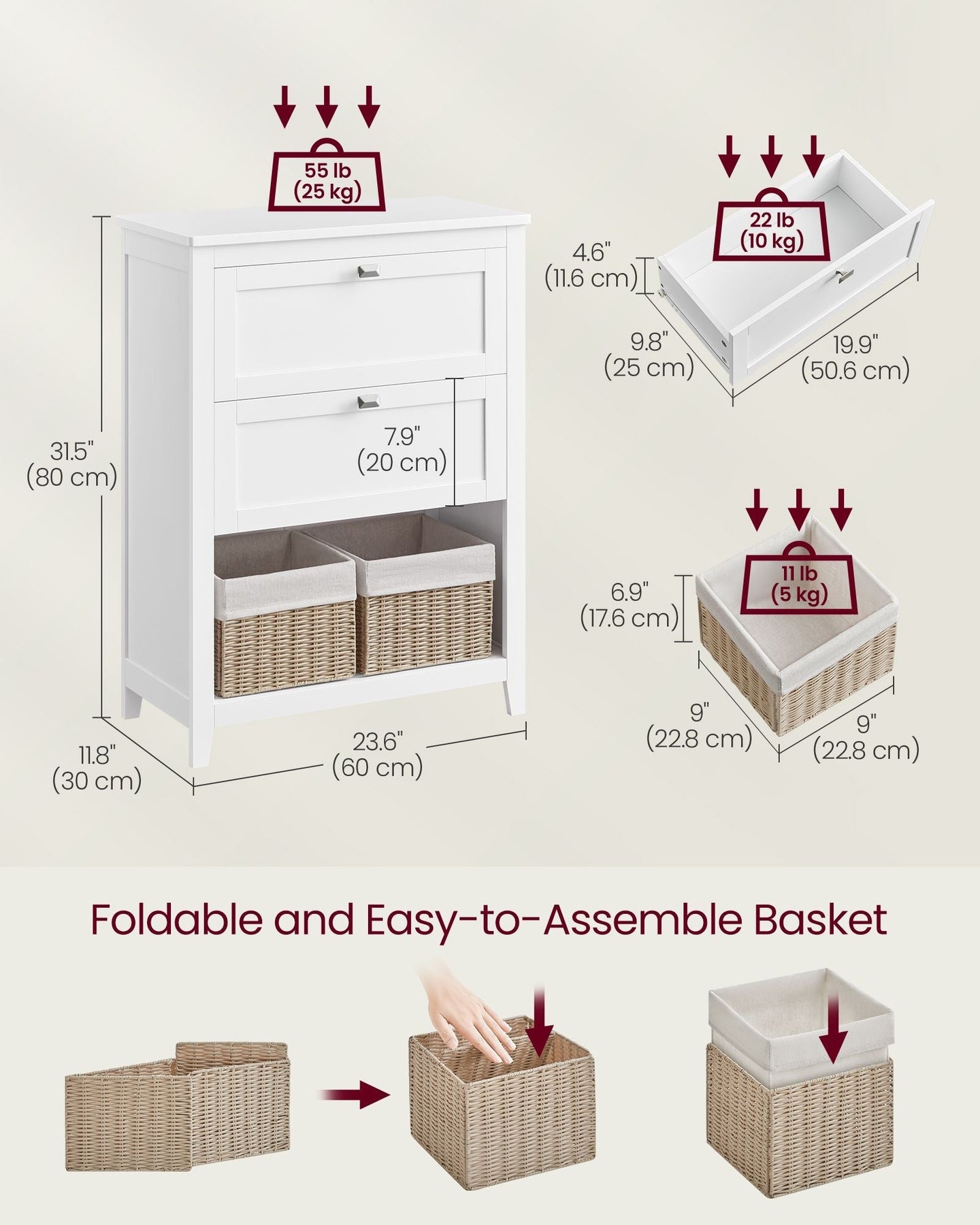 Bathroom Cabinet - Wood - Cloud White - 2 Drawers with Adjustable Dividers and 2 Baskets