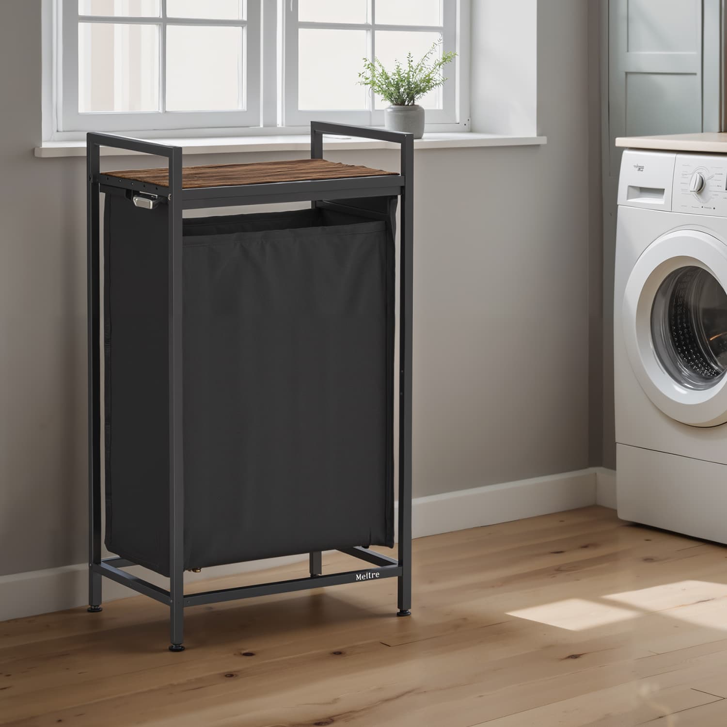 Laundry Hamper - Metal - Rustic Brown and Black - Pull-Out Liner with Shelf